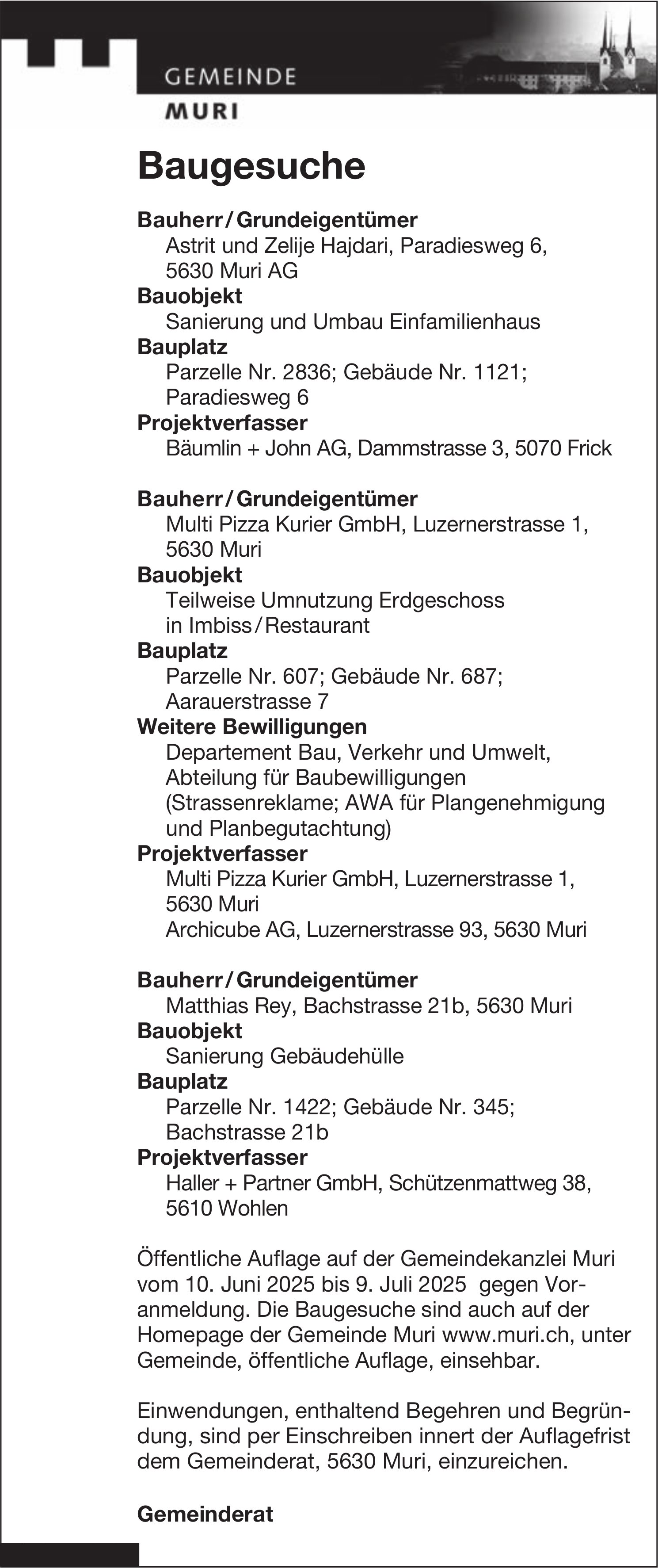 Baugesuche, Gemeinde Muri