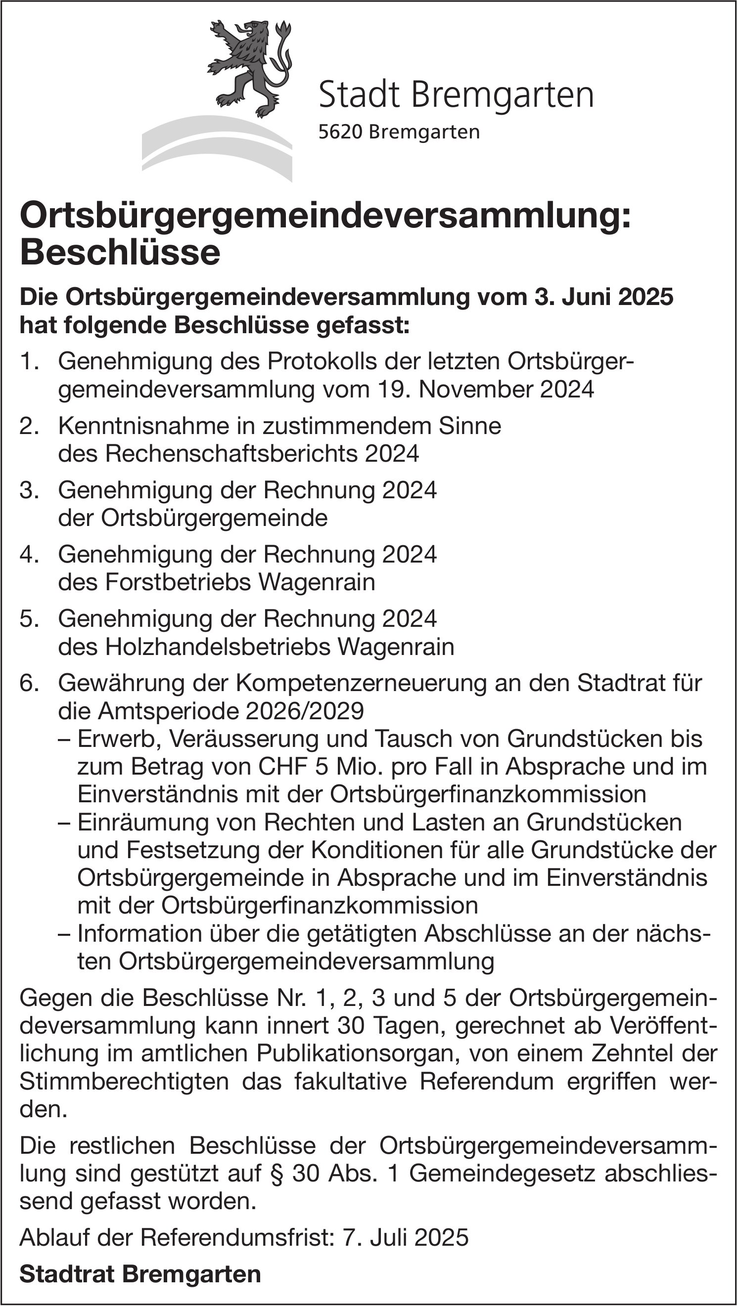 Stadt Bremgarten, Ortsbürgergemeindeversammlung: Beschlüsse