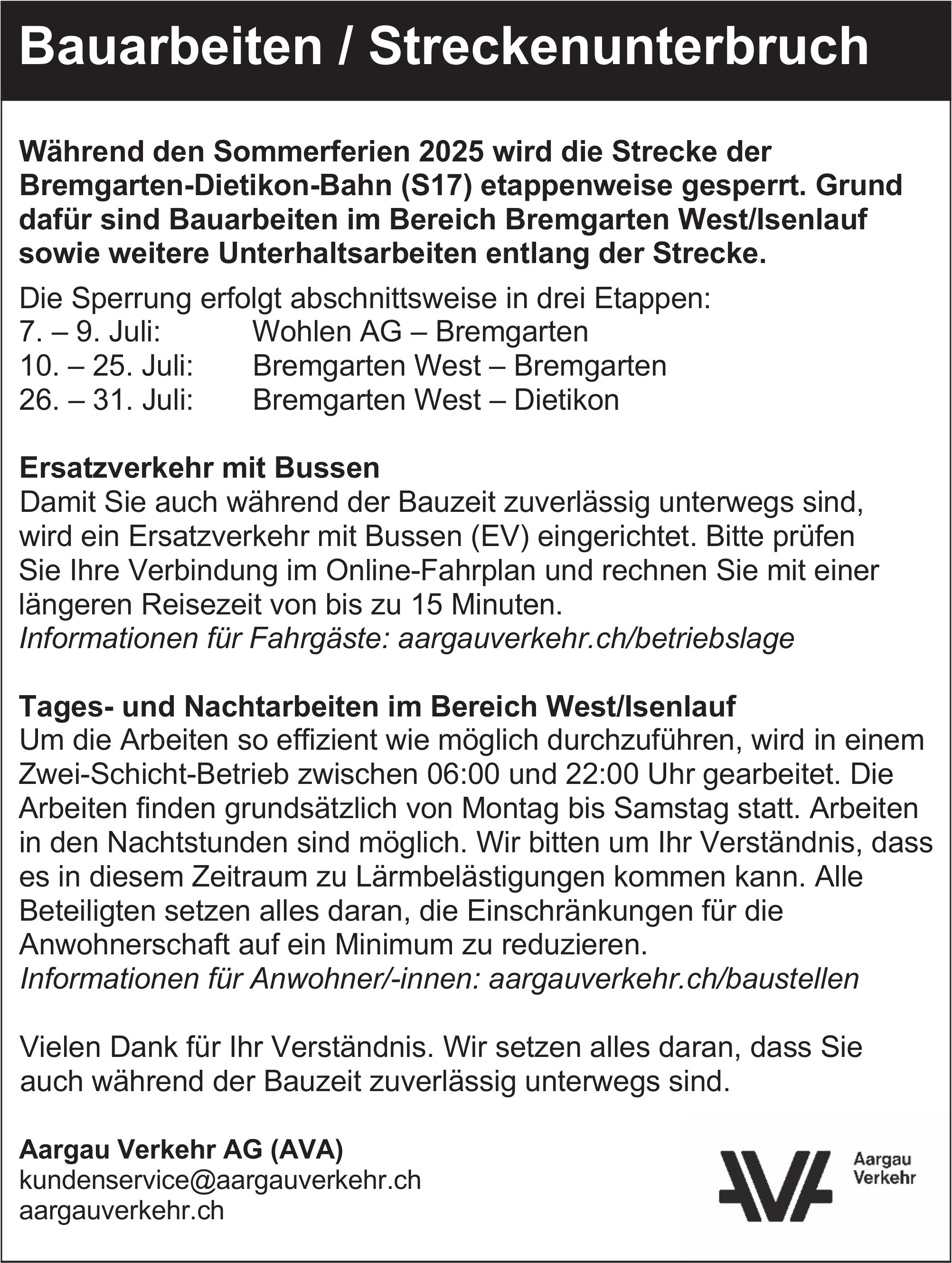 Bremgarten-Dietikon - Aargau Verkehr AG (ava), Bauarbeiten / Streckenunterbruch