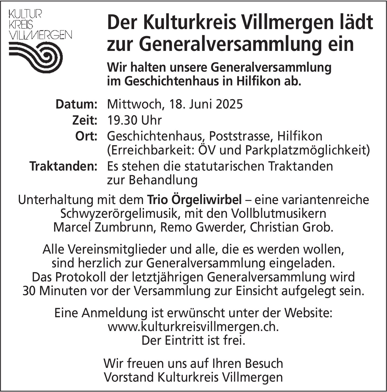 Der Kulturkreis Villmergen lädt zur Generalversammlung ein, 18. Juni, Geschichtenhaus, Poststrasse,  Hilfikon