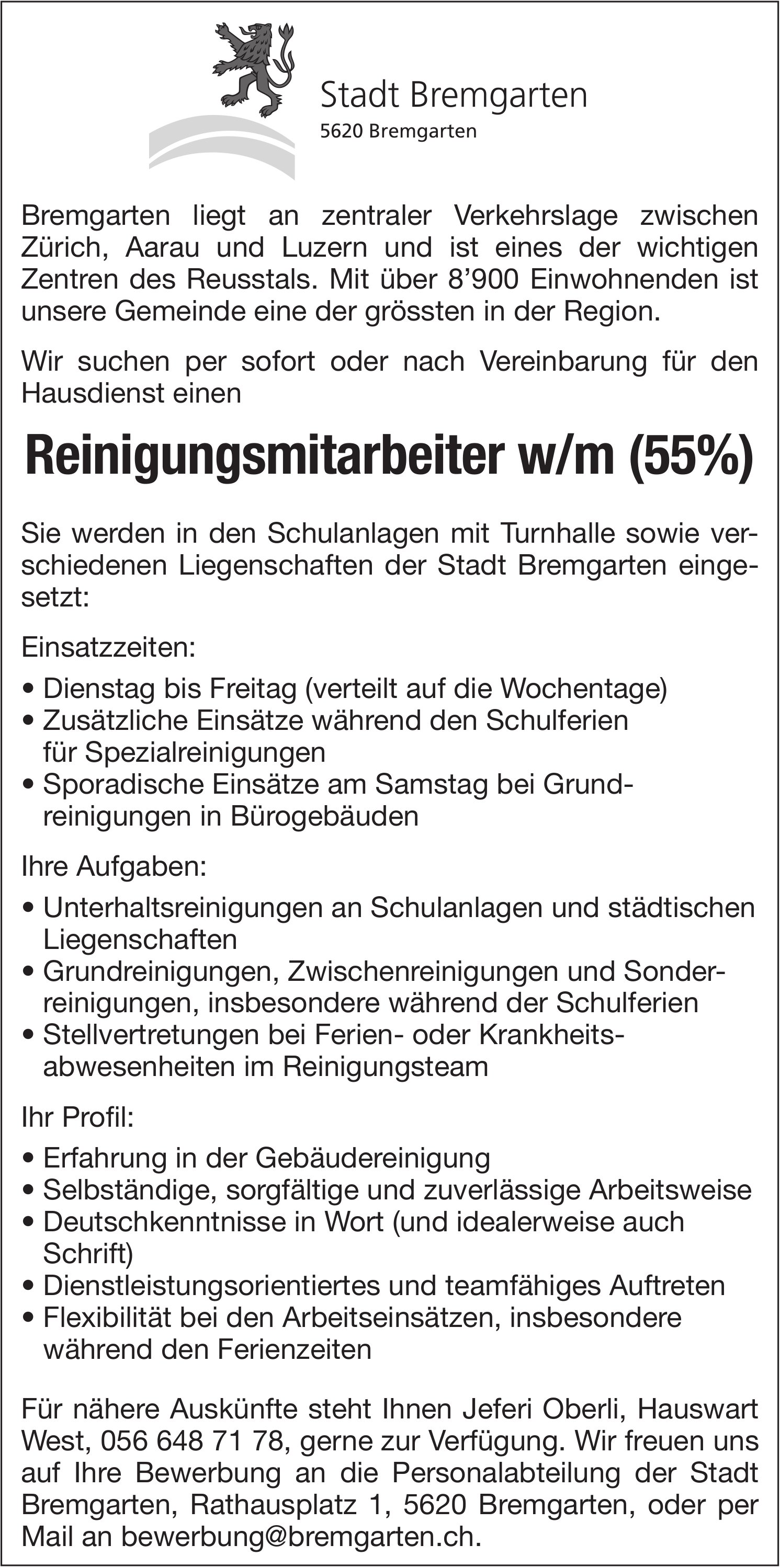Reinigungsmitarbeiter w/m (55%), Stadt Bremgarten, gesucht