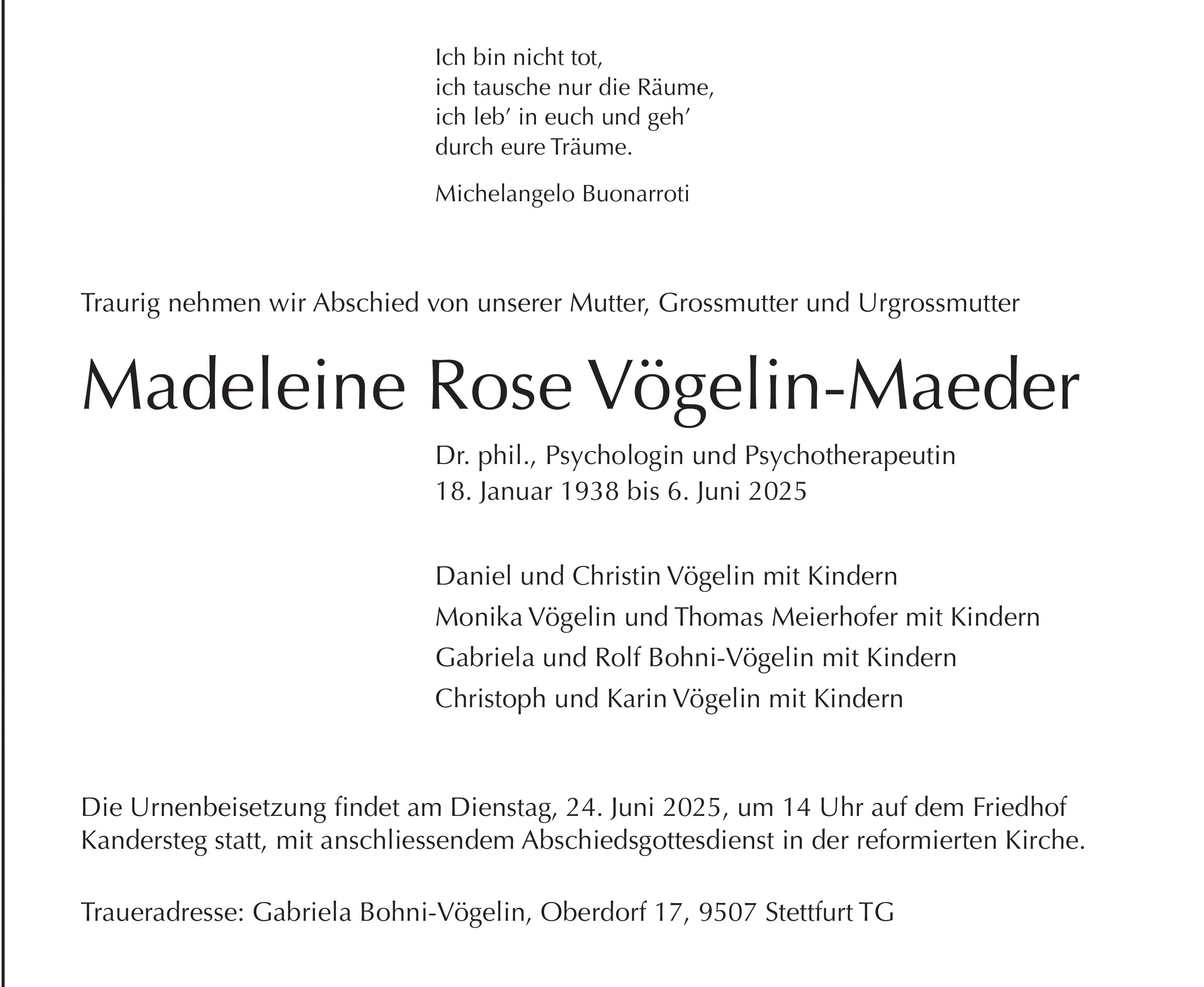 Madeleine Rose Vögelin-Maeder, Juni 2025 / TA