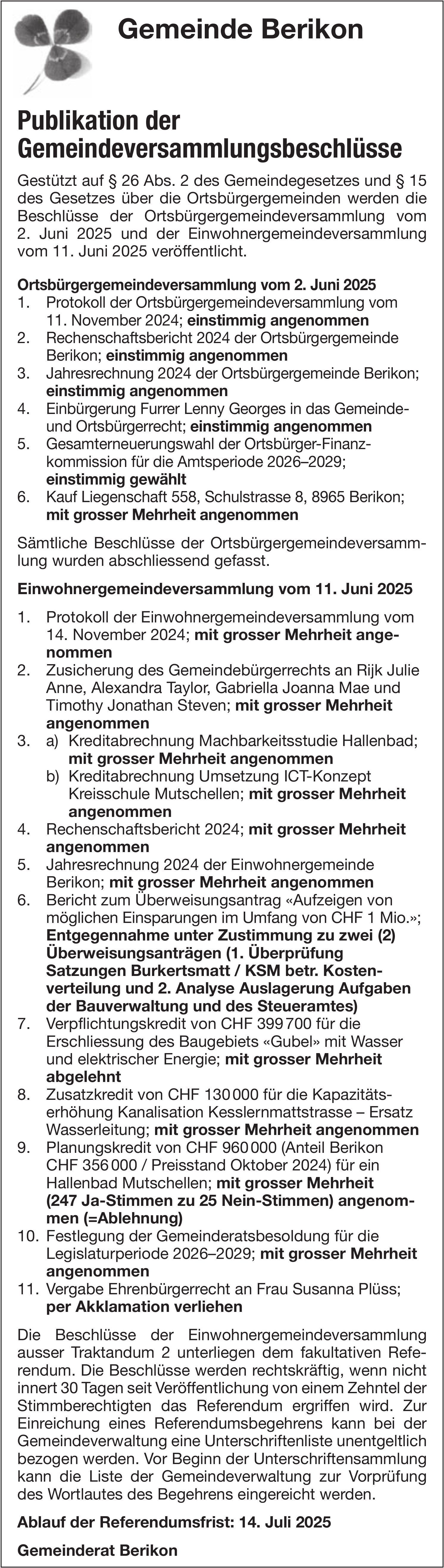 Gemeinde Berikon, Publikation der Gemeindeversammlungsbeschlüsse