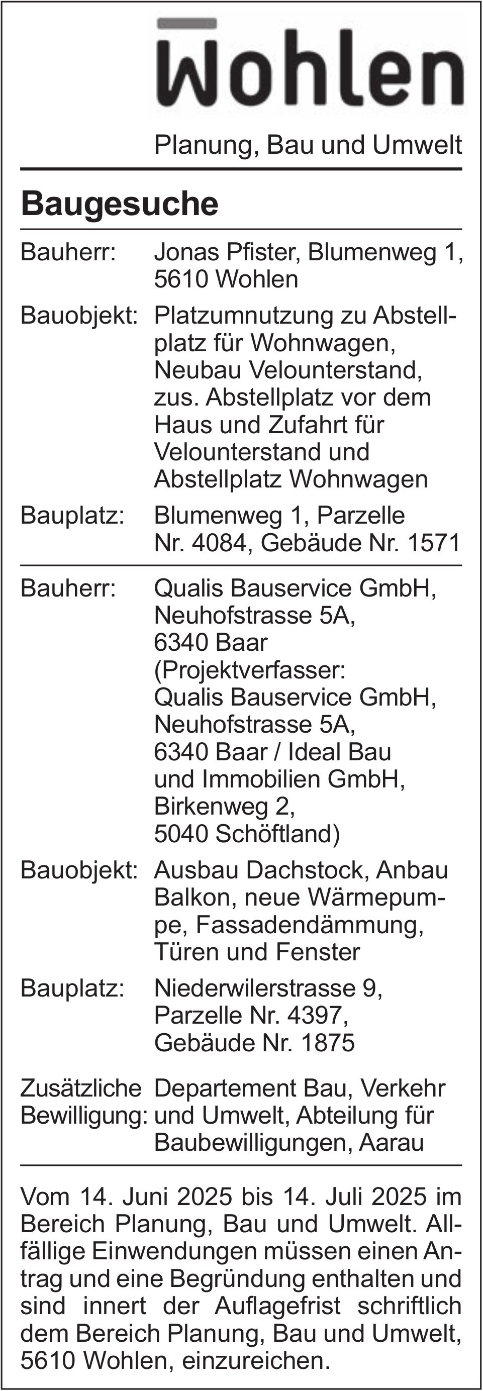 Baugesuche, Wohlen