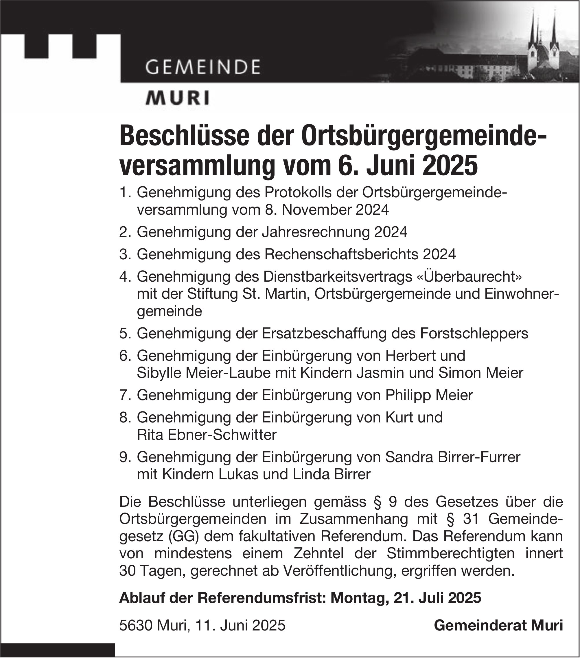 Gemeinde Muri, Beschlüsse der Ortsbürgergemeindeversammlung vom 6. Juni 2025