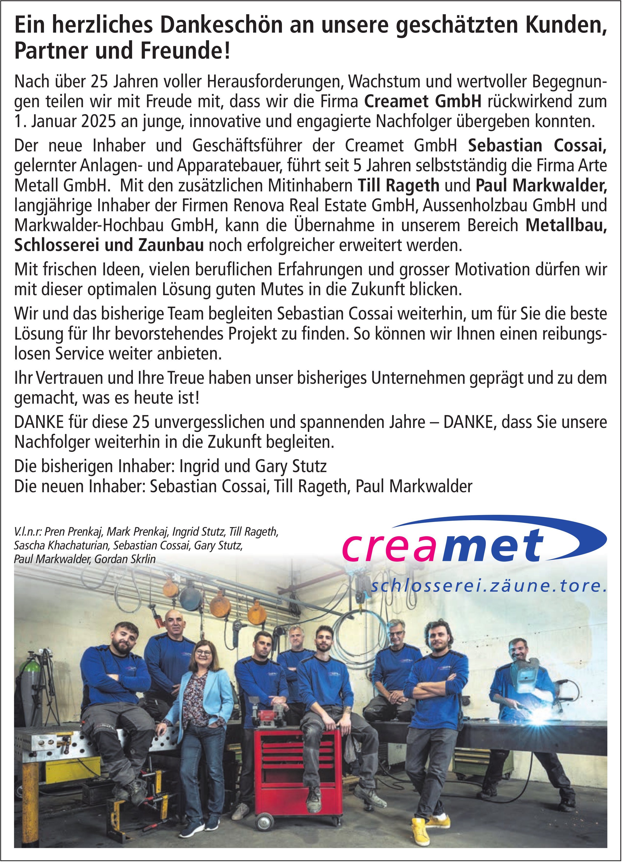 Creamet, Ein herzliches Dankeschön an unsere geschätzten Kunden, Partner und Freunde!