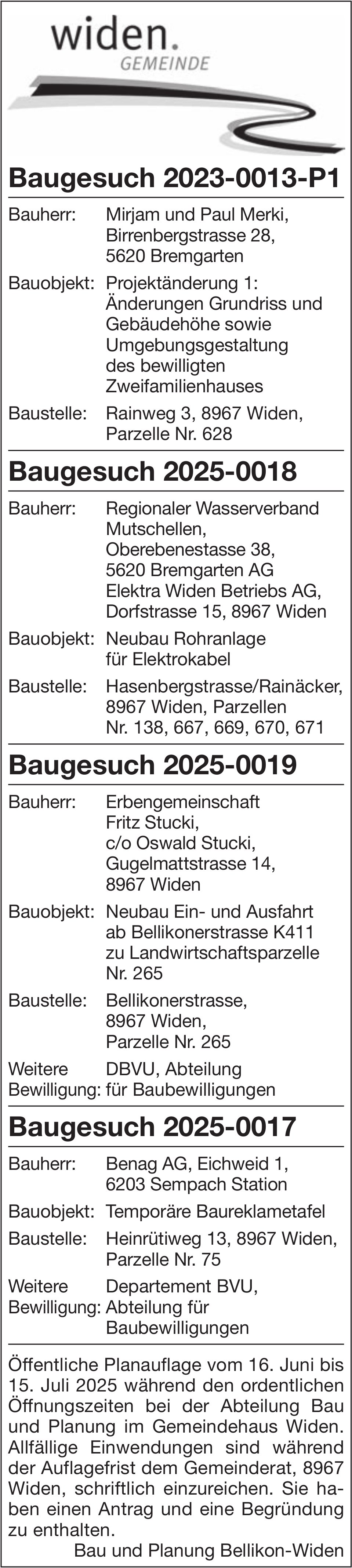 Baugesuche, Gemeinde Widen