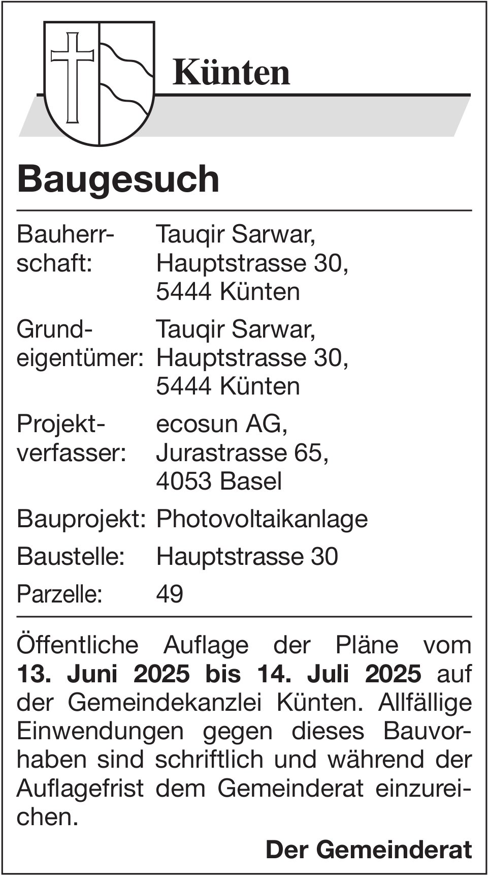 Baugesuch, Künten