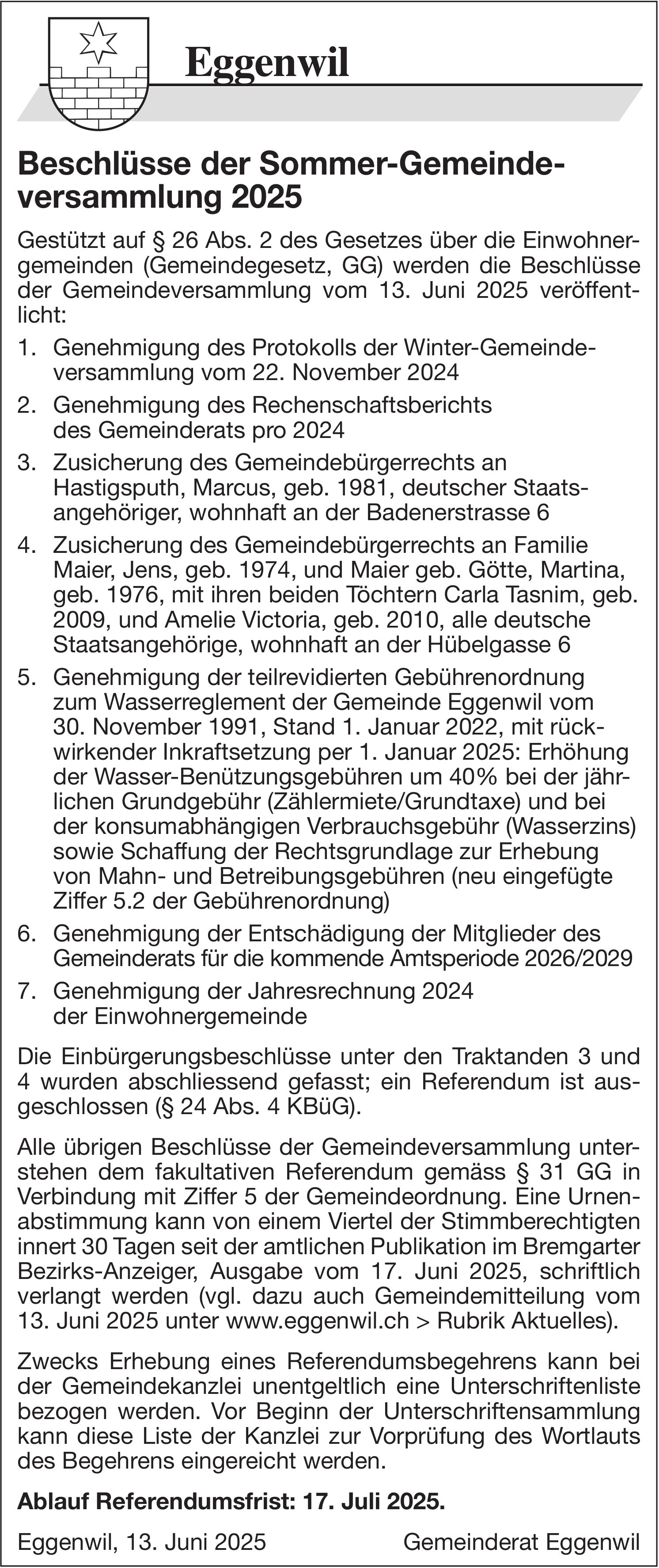 Stadtrat Bremgarten, Beschlüsse der Sommer-Gemeindeversammlung 2025