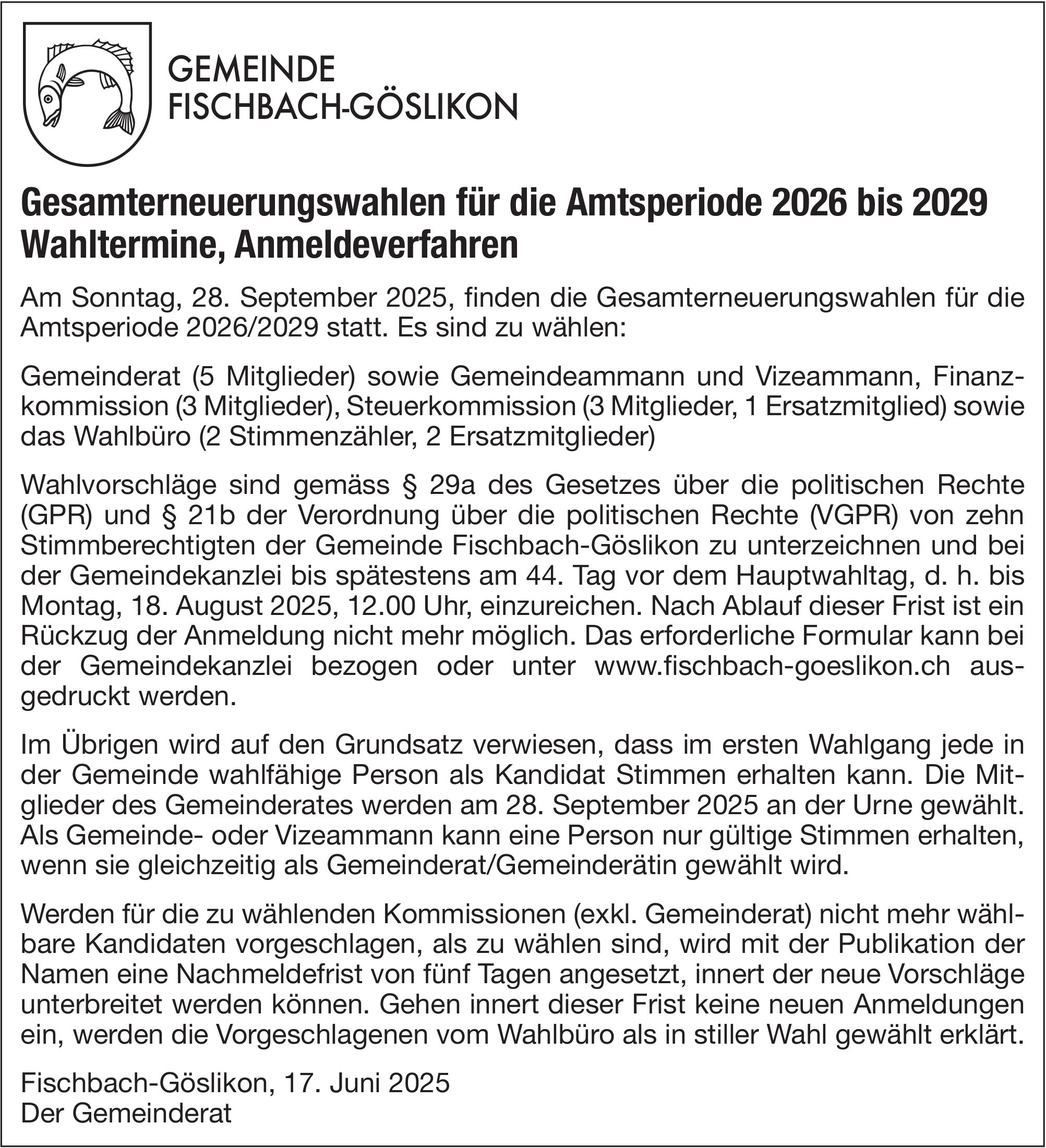 Gemeinde Fischbach-Göslikon, Gesamterneuerungswahlen, Amtsperiode 2026 bis 2029 - Wahltermine, Anmeldeverfahren