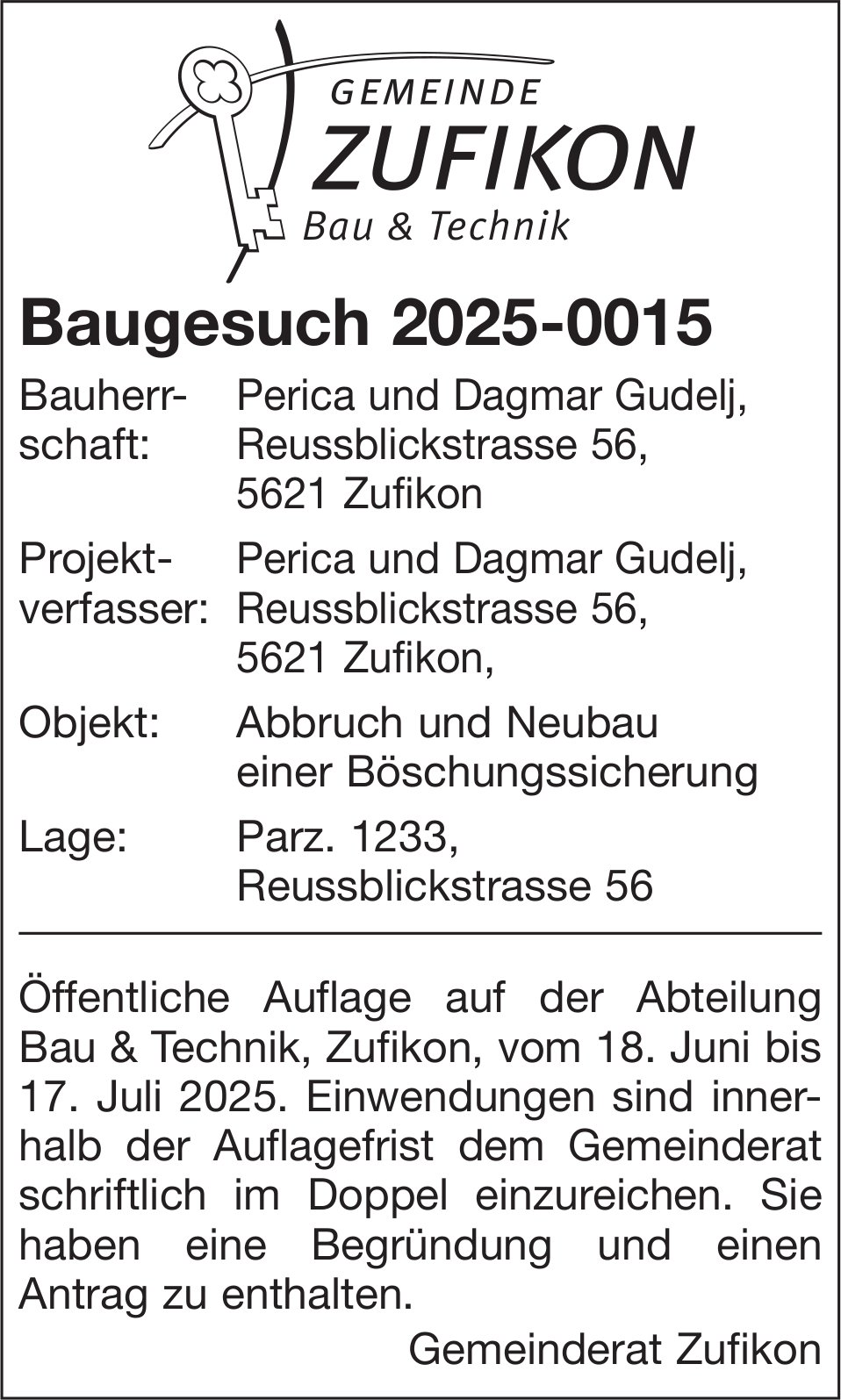 Baugesuche, Gemeinde Zufikon, Baugesuch 2025-0015