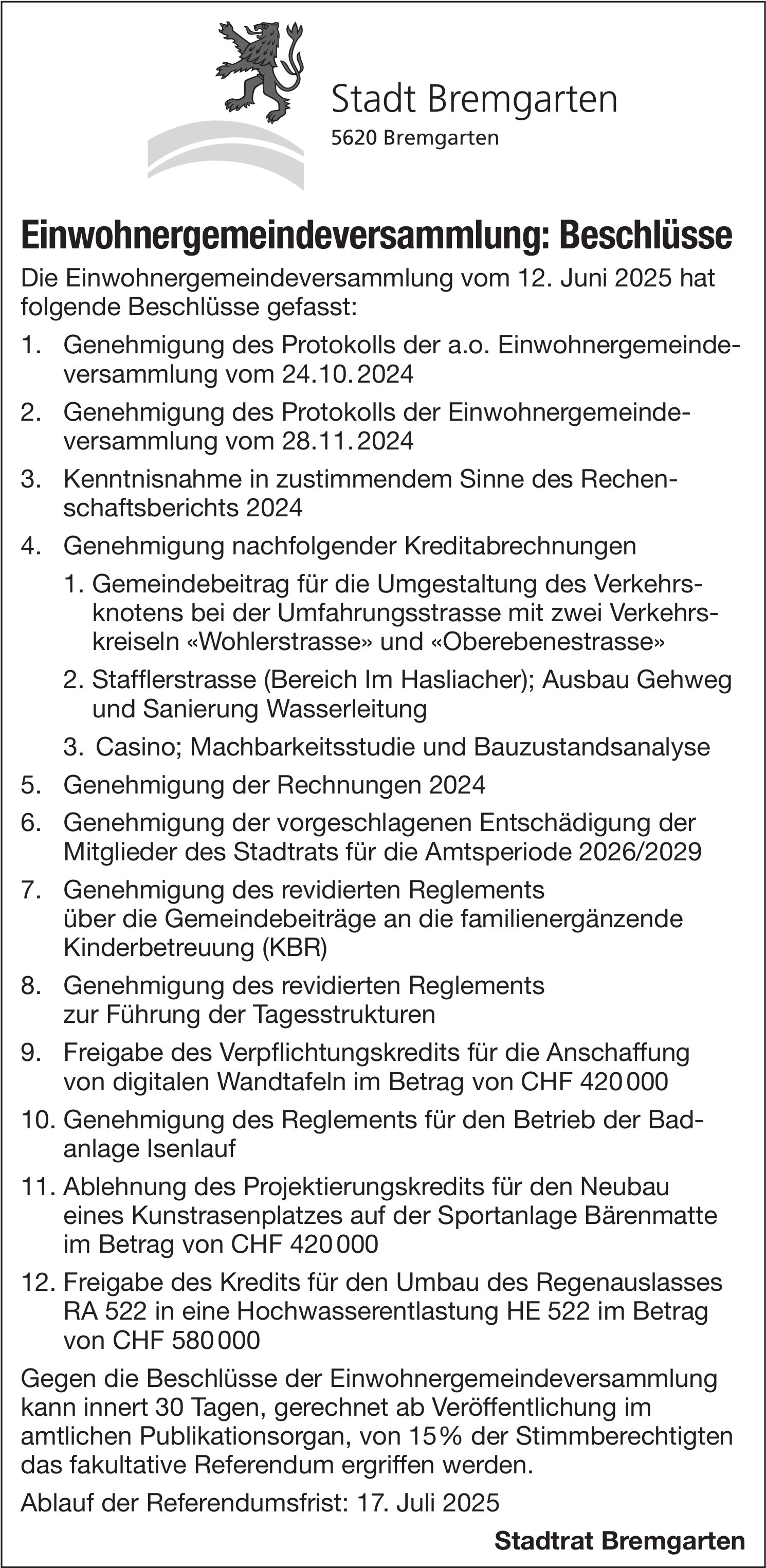 Stadt Bremgarten, Einwohnergemeindeversammlung: Beschlüsse