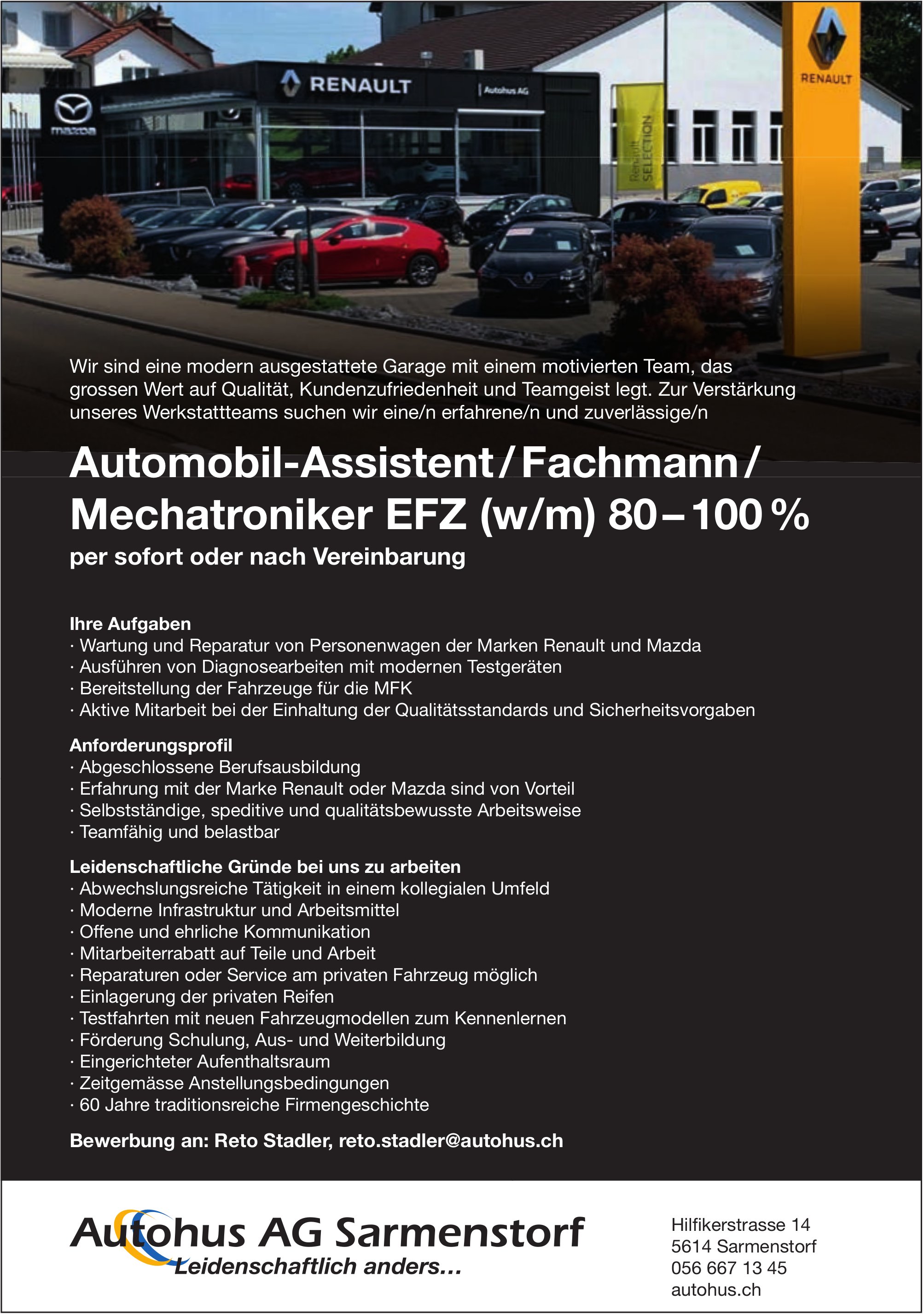 Automobil-Assistent / Fachmann / Mechatroniker EFZ (w/m) 80 – 100 %, Autohus AG, Sarmenstorf, gesucht