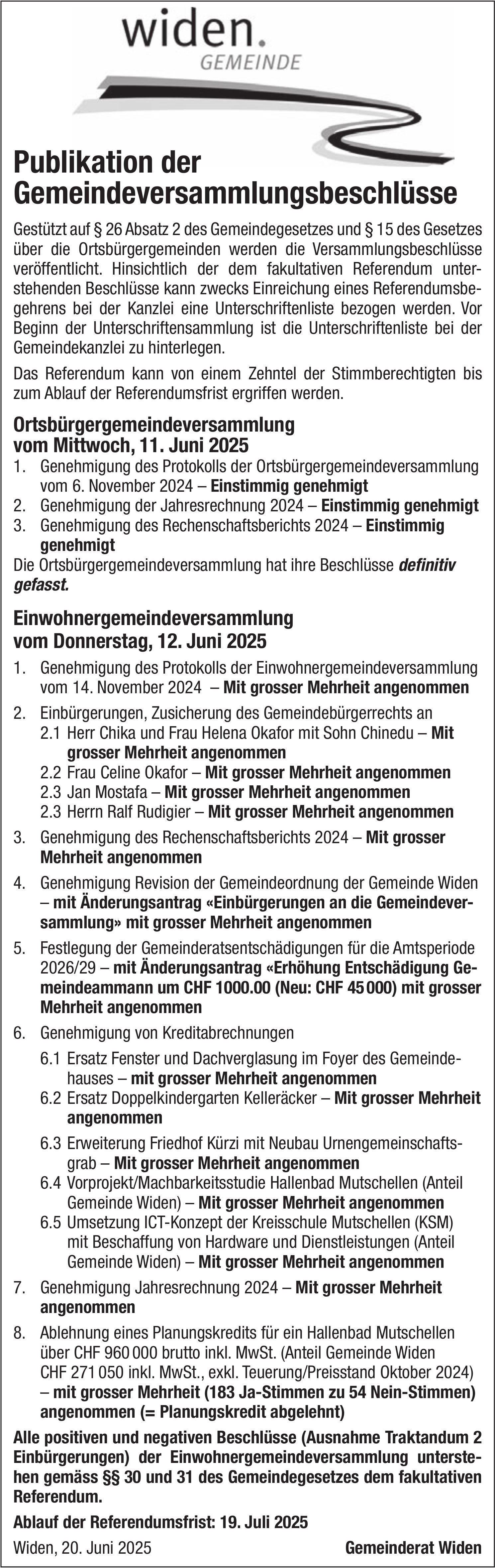 Gemeinde Widen, Publikation der Gemeindeversammlungsbeschlüsse