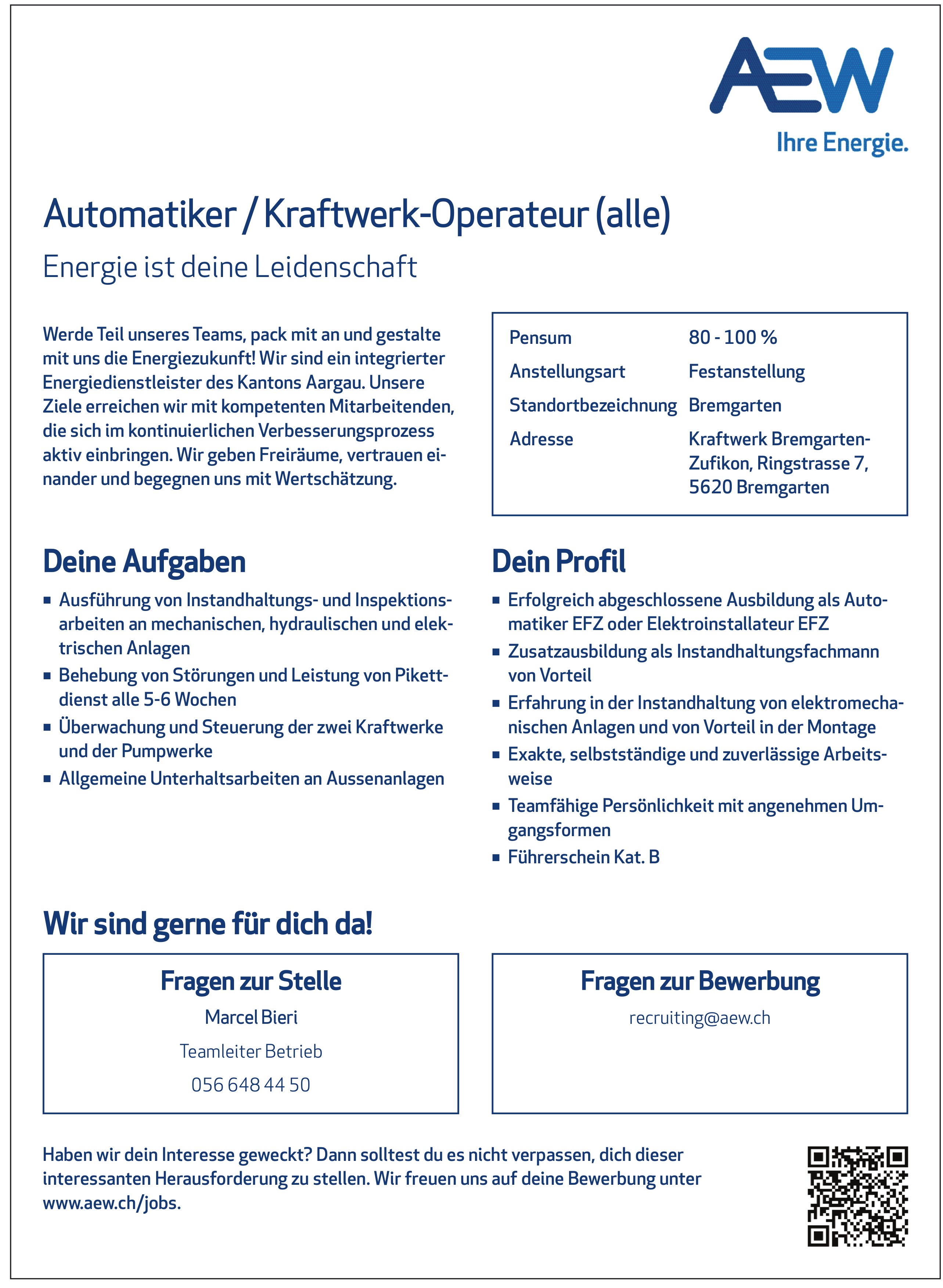 Automatiker / Kraftwerk-Operateur (alle), AEW, Bremgarten, gesucht