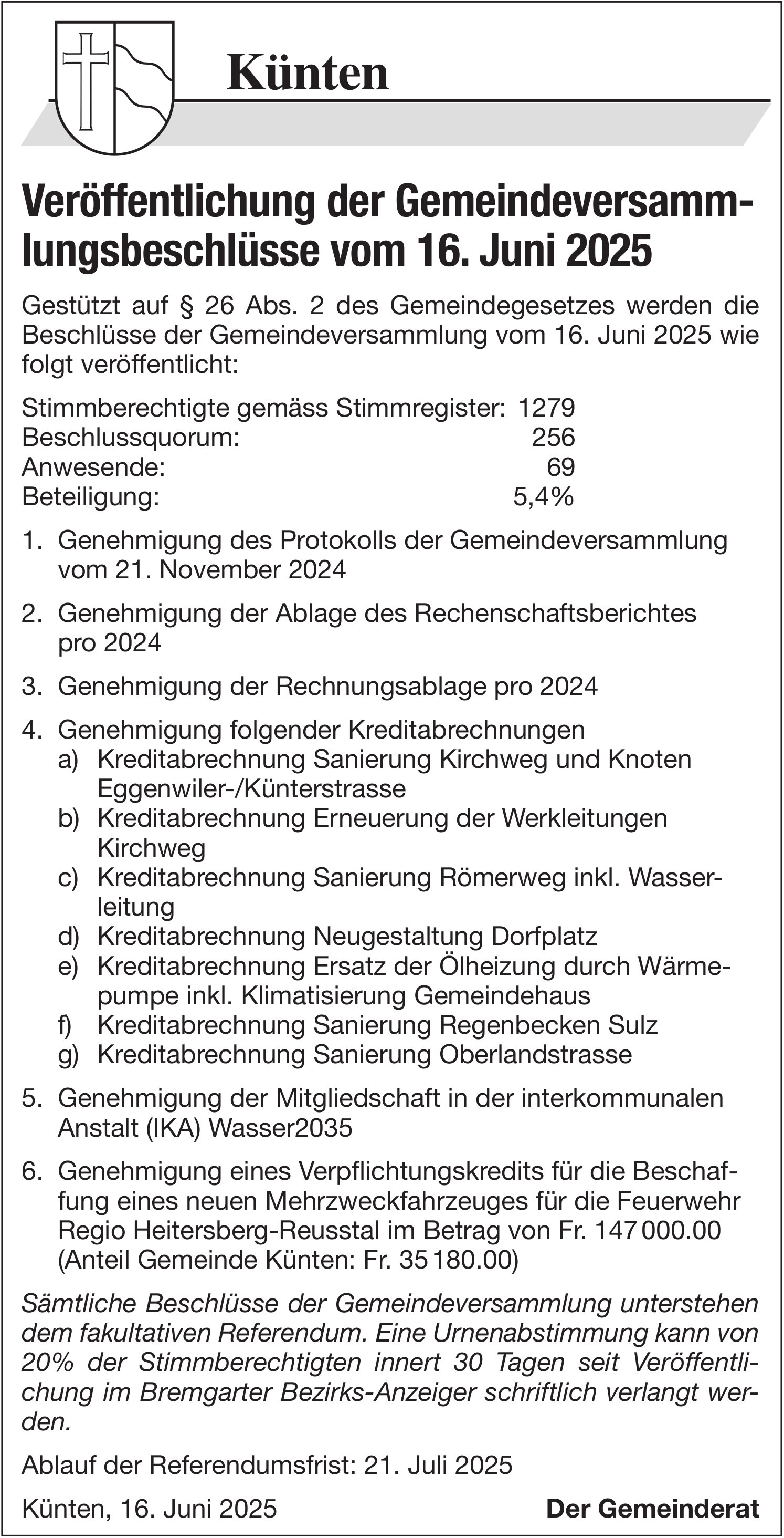 Gemeinderat Künten, Veröffentlichung der Gemeindeversammlungsbeschlüsse vom 16. Juni 2025