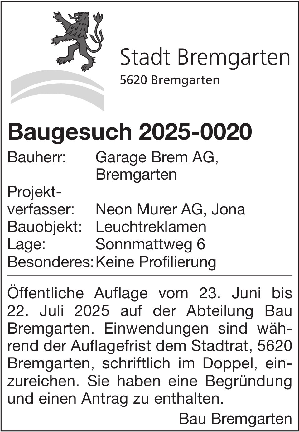 Baugesuche, Stadt Bremgarten, Baugesuch 2025-0020