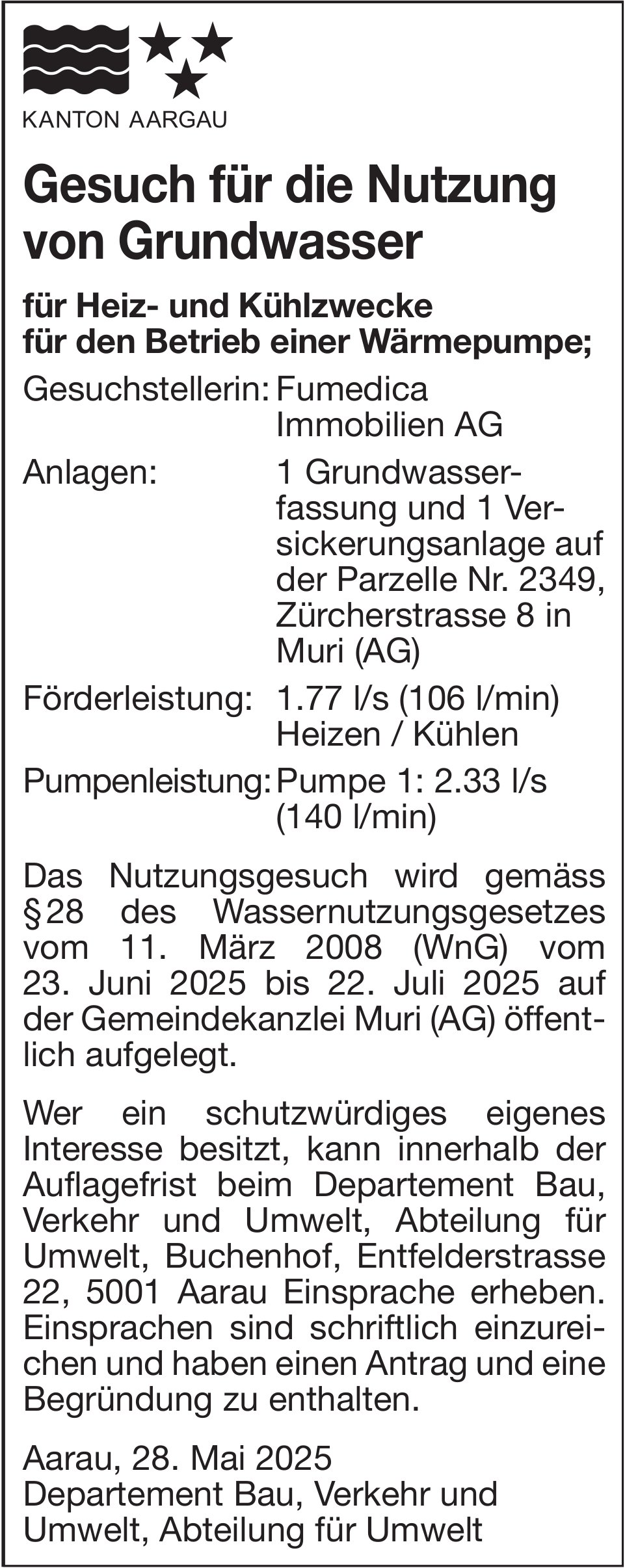 Kanton Aargau, Gesuch für die Nutzung von Grundwasser
