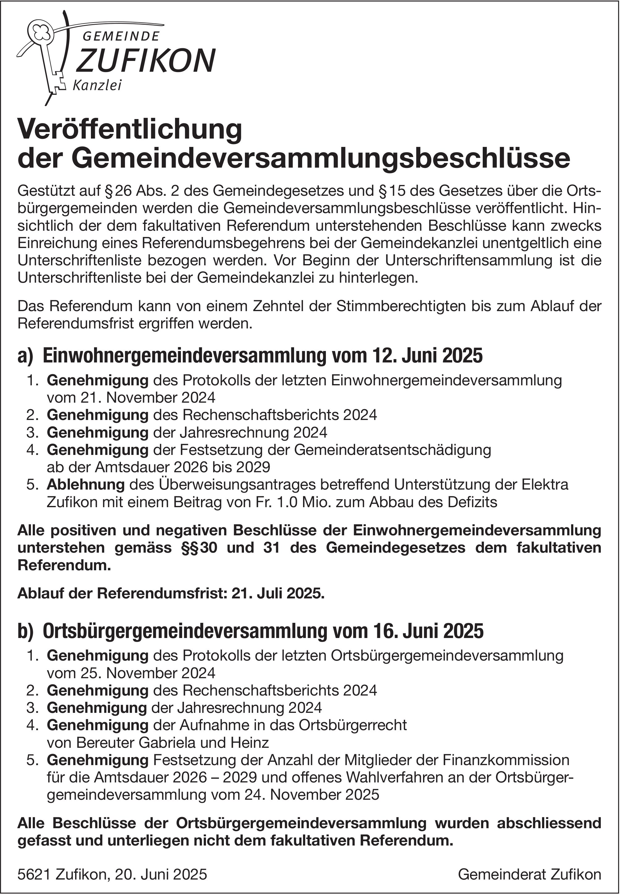 Gemeinde Zufikon, Veröffentlichung der Gemeindeversammlungsbeschlüsse
