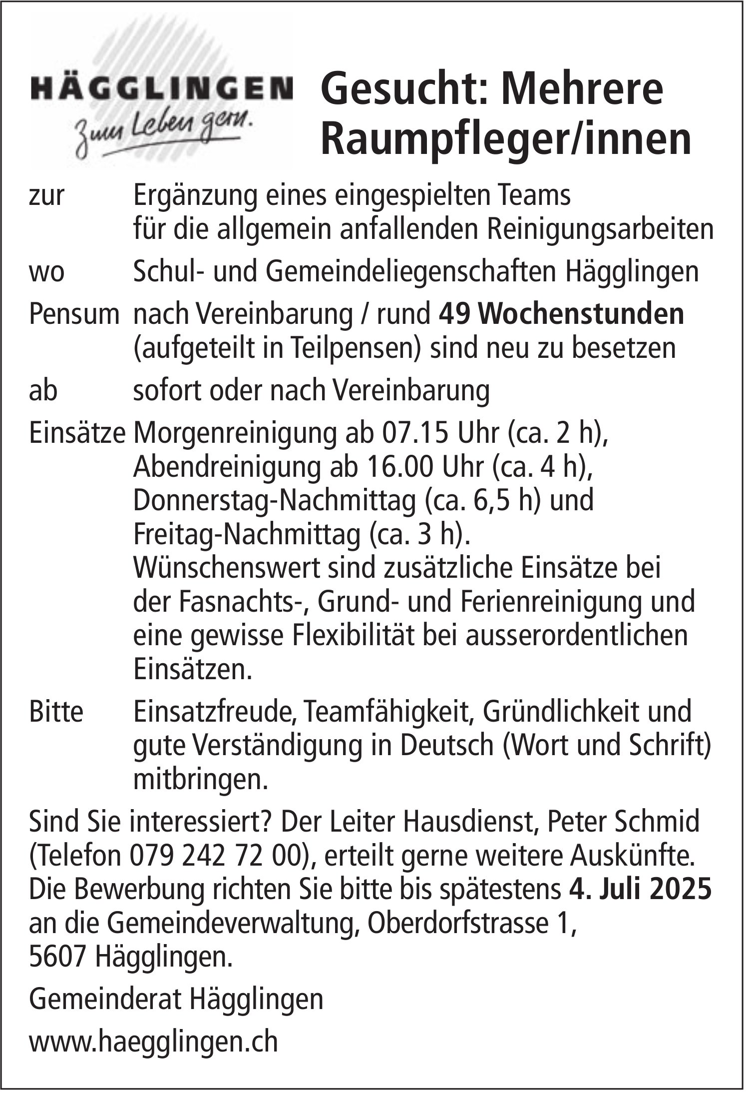 Gesucht: Mehrere Raumpfleger/innen, Hägglingen, gesucht