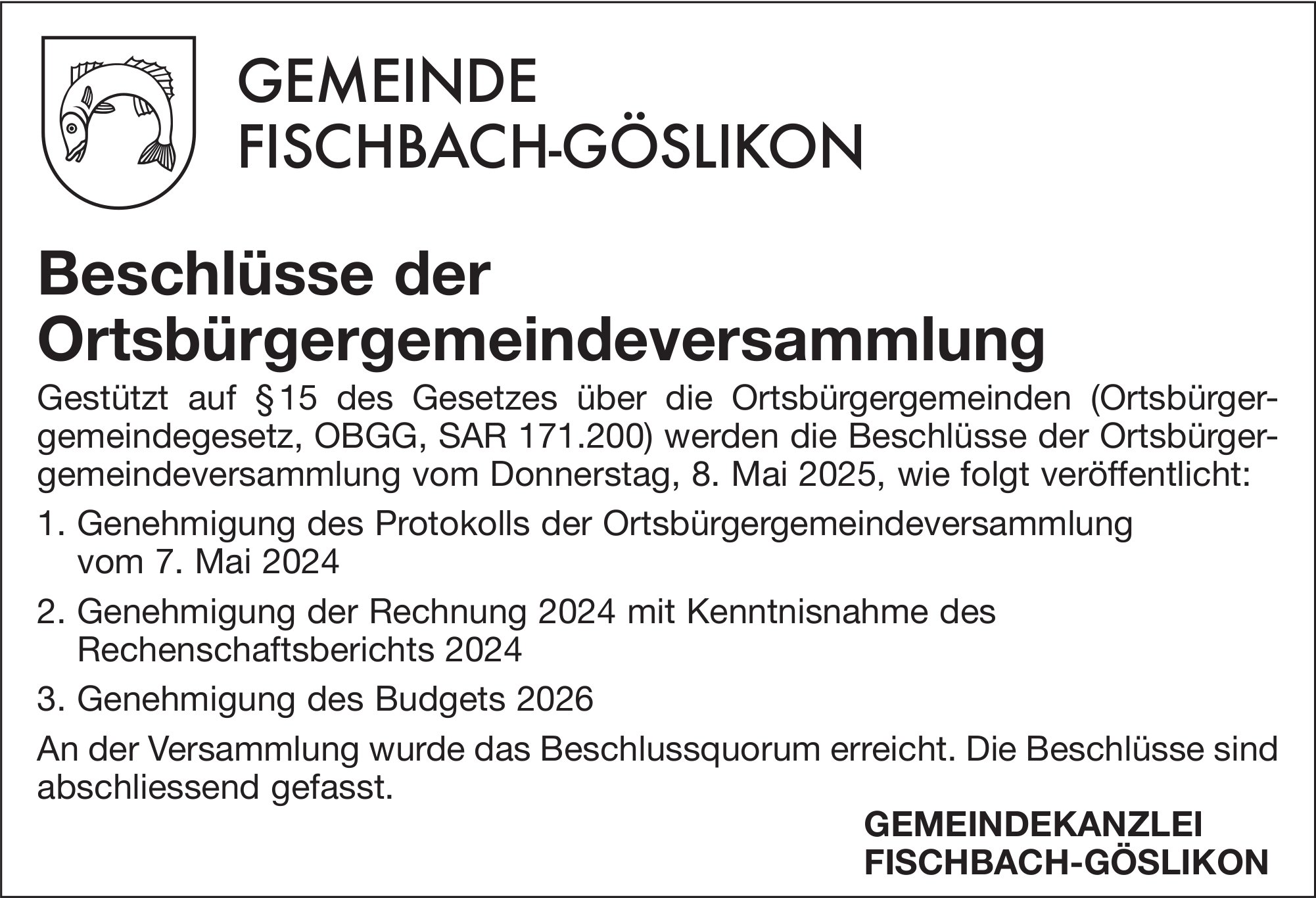 Gemeinde Fischbach-Göslikon, Beschlüsse der Ortsbürgergemeindeversammlung