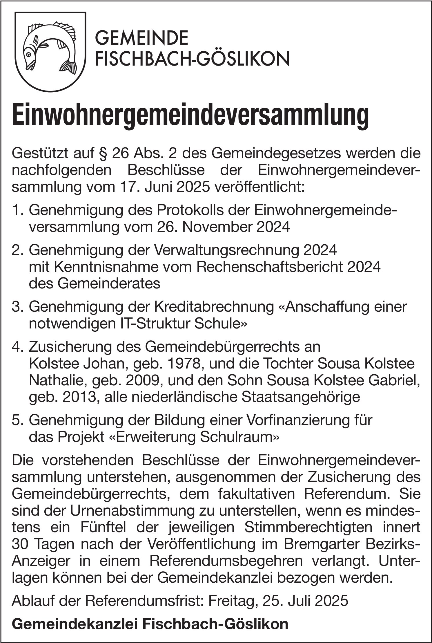 Gemeinde Fischbach-Göslikon - Einwohnergemeindeversammlung