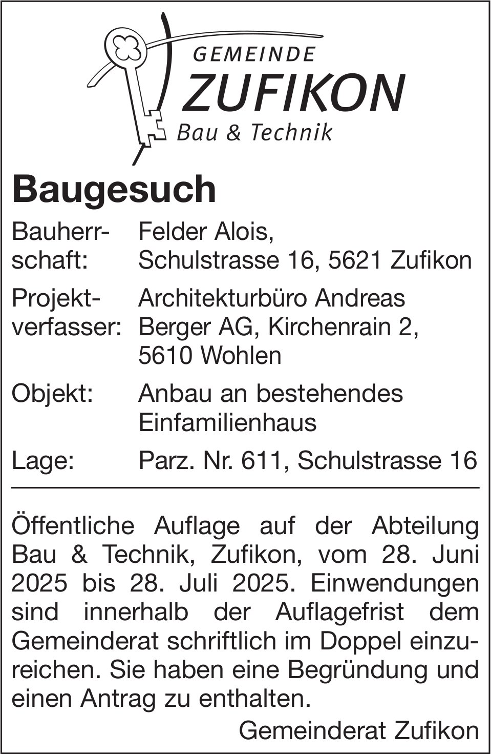 Baugesuche, Gemeinde Zufikon