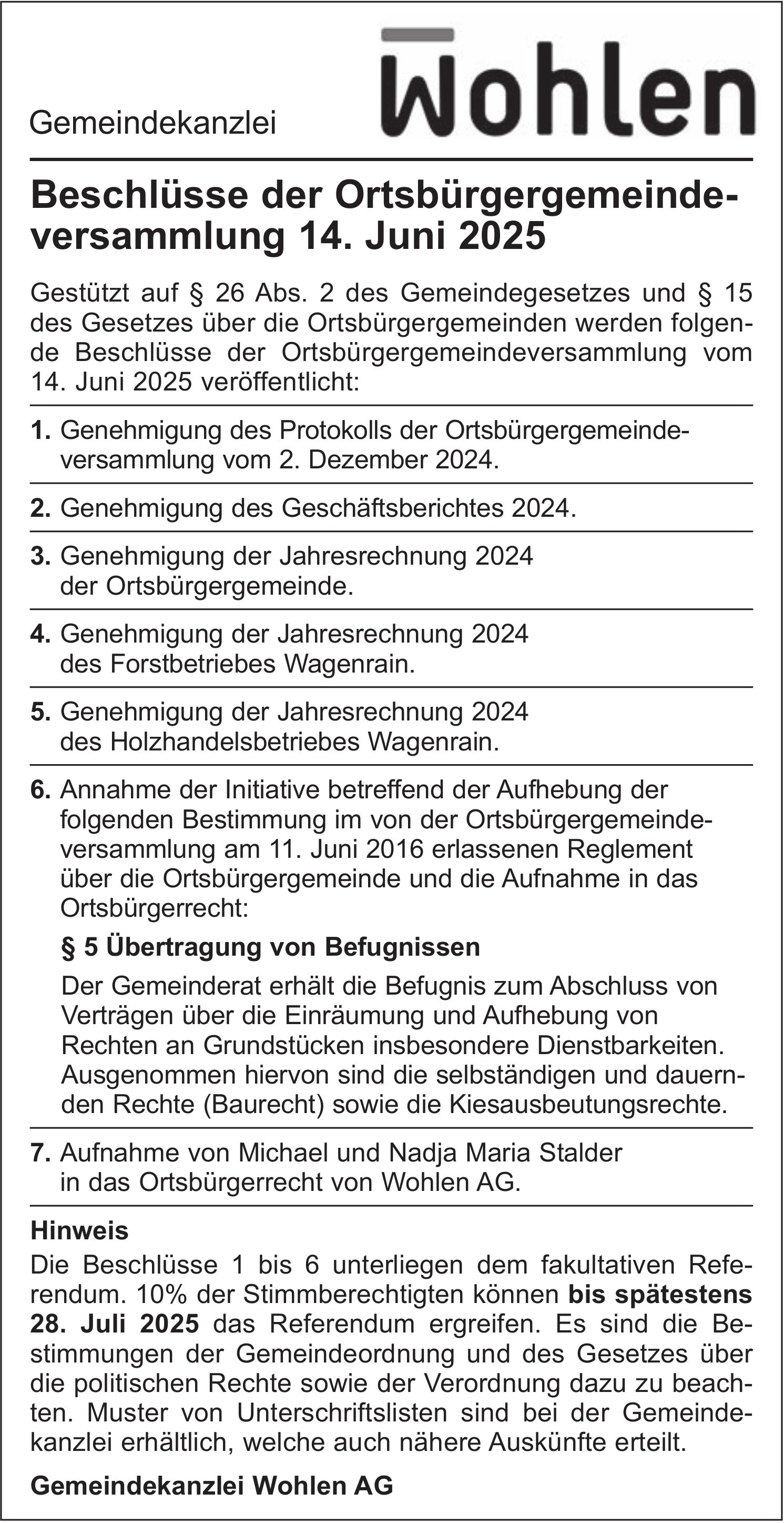 Gemeindekanzlei Wohlen AG, Beschlüsse der Ortsbürgergemeindeversammlung 14. Juni 2025