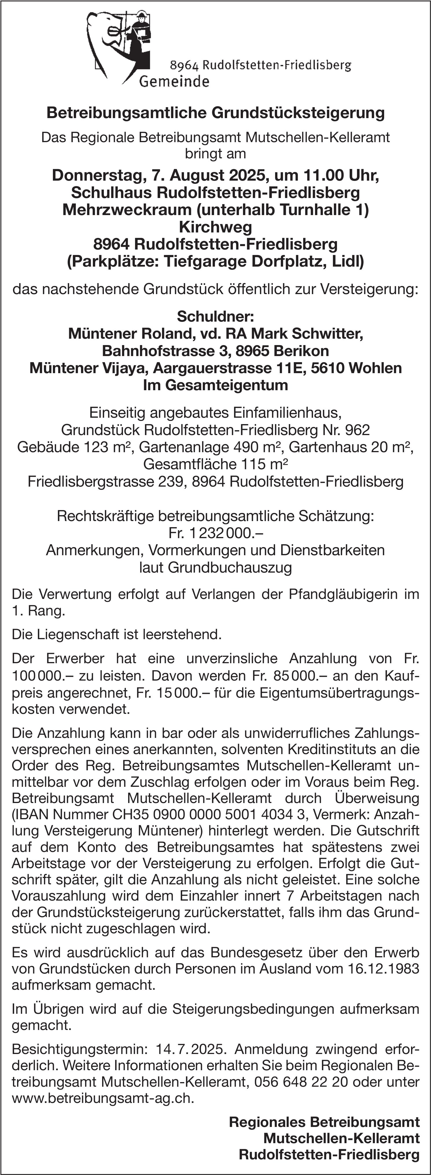 Gemeinde Rudolfstetten-Friedlisberg, Betreibungsamtliche Grundstücksteigerung