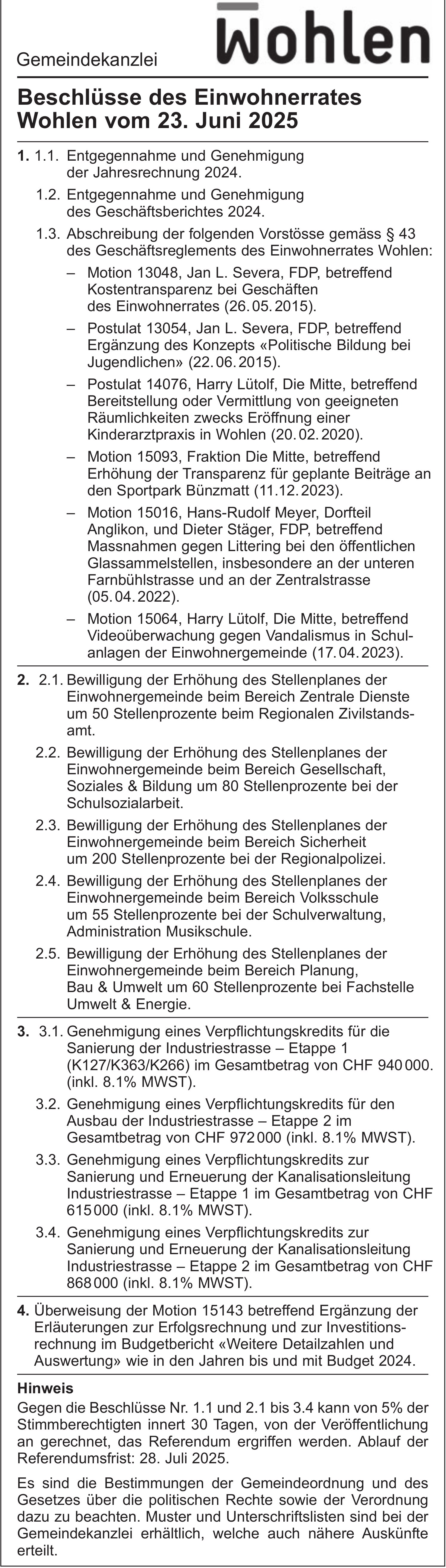 Beschlüsse des Einwohnerrates Wohlen vom 23. Juni 2025
