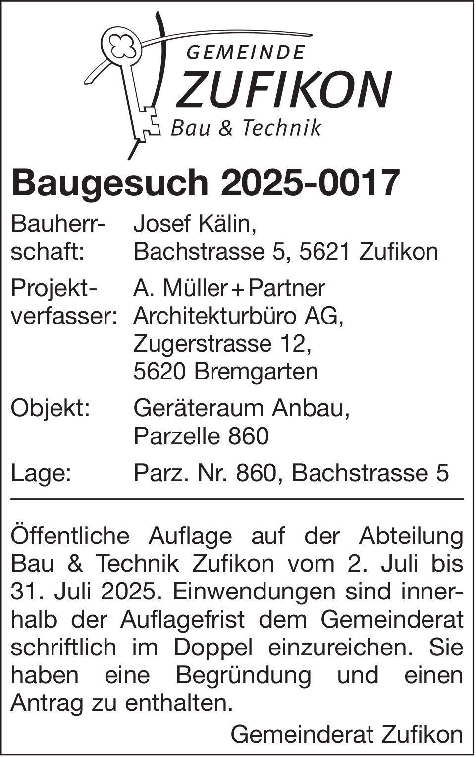 Baugesuche - Gemeinde Zufikon, Baugesuch 2025-0017