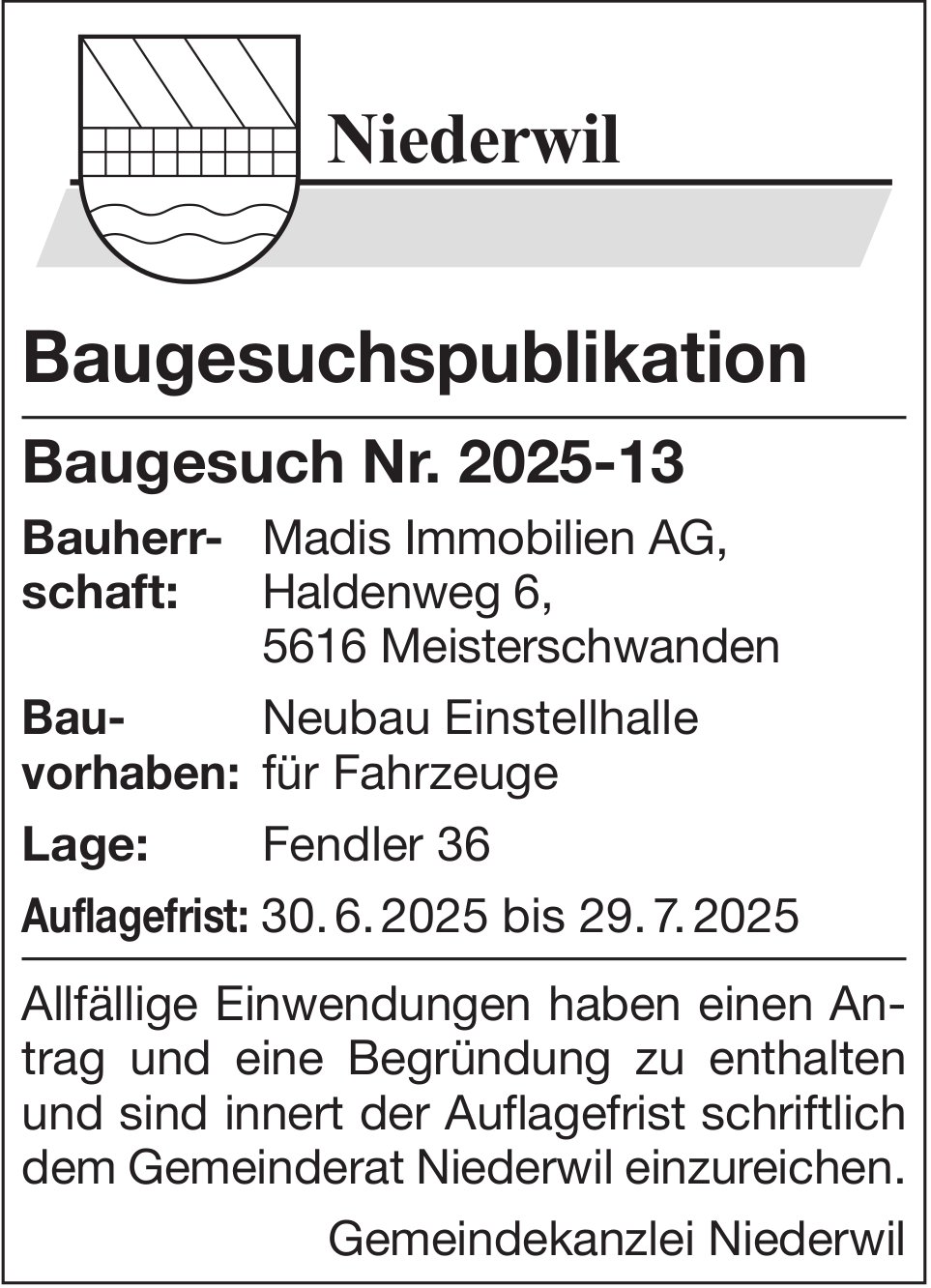 Gemeinde Niederwil, Baugesuch Nr. 2025-13