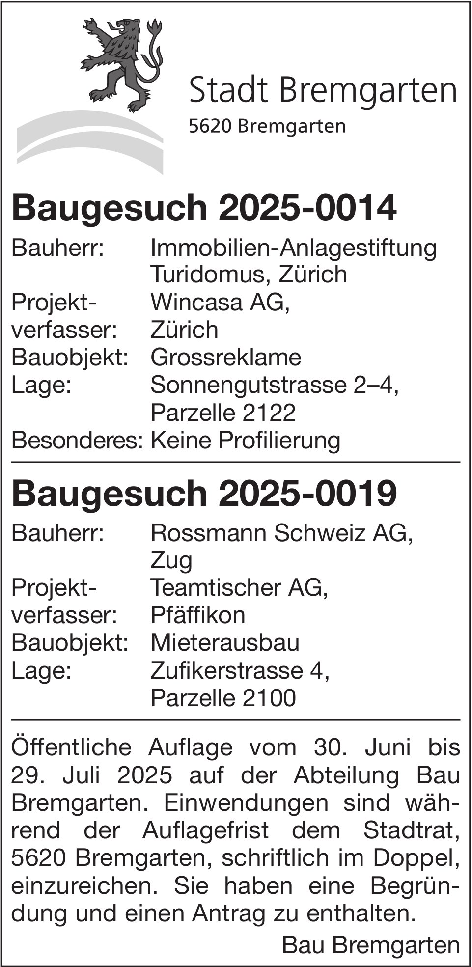 Stadt Bremgarten, Baugesuche 2025-0014 & 2025-0019