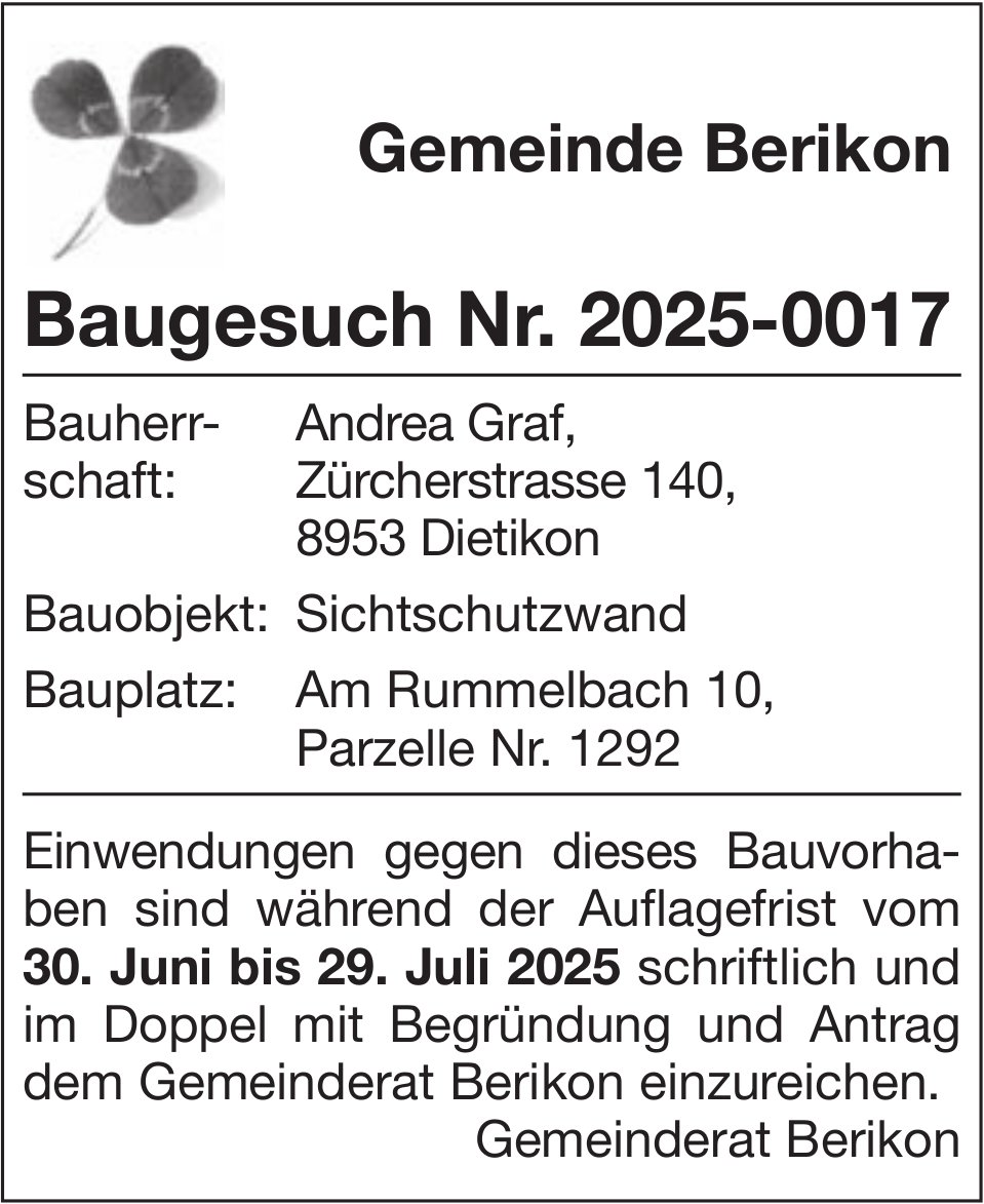 Baugesuche, Dietikon - Gemeinde Berikon, Baugesuch Nr. 2025-0017