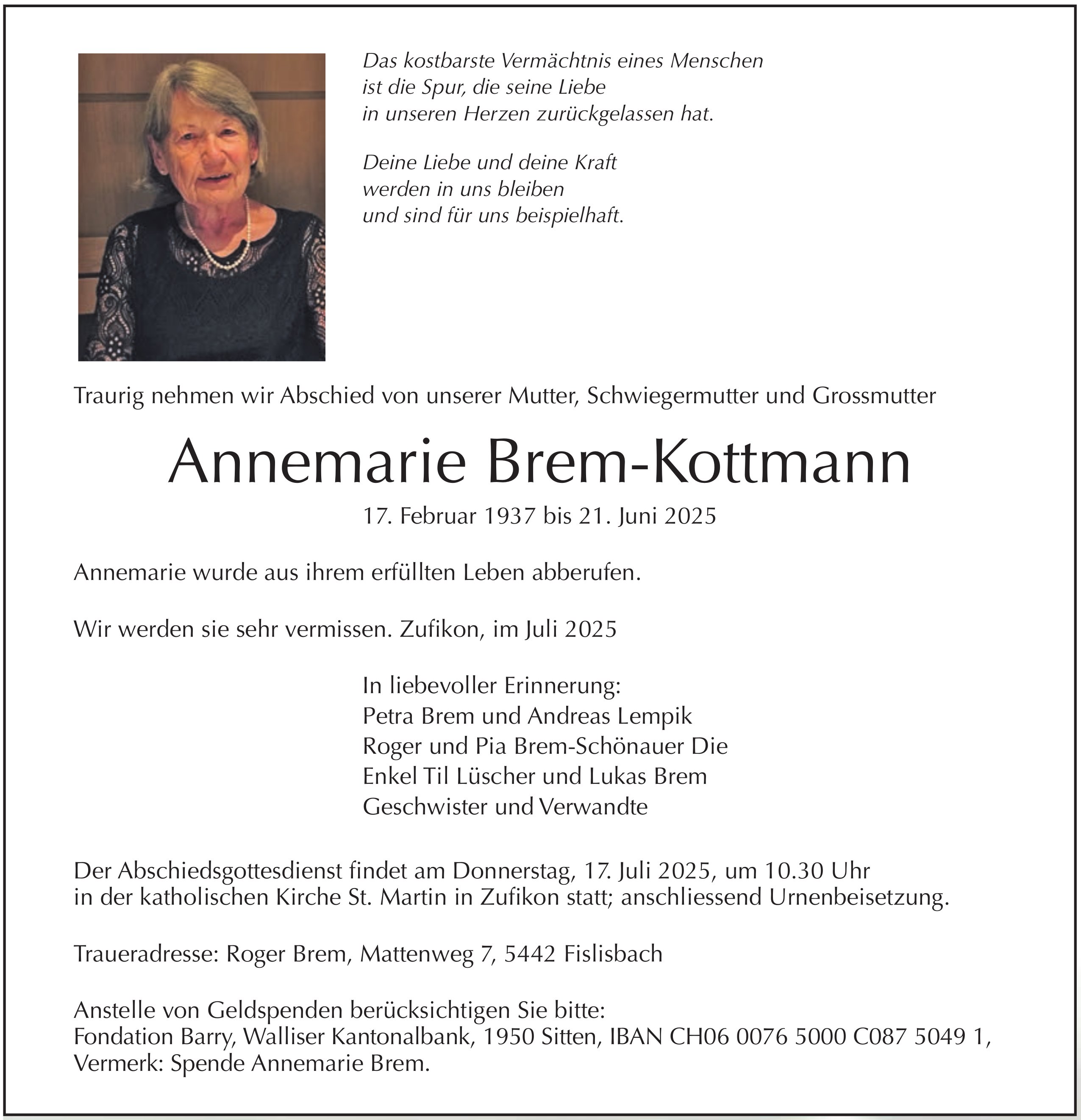 Annemarie Brem-Kottmann, Juni 2025 / TA