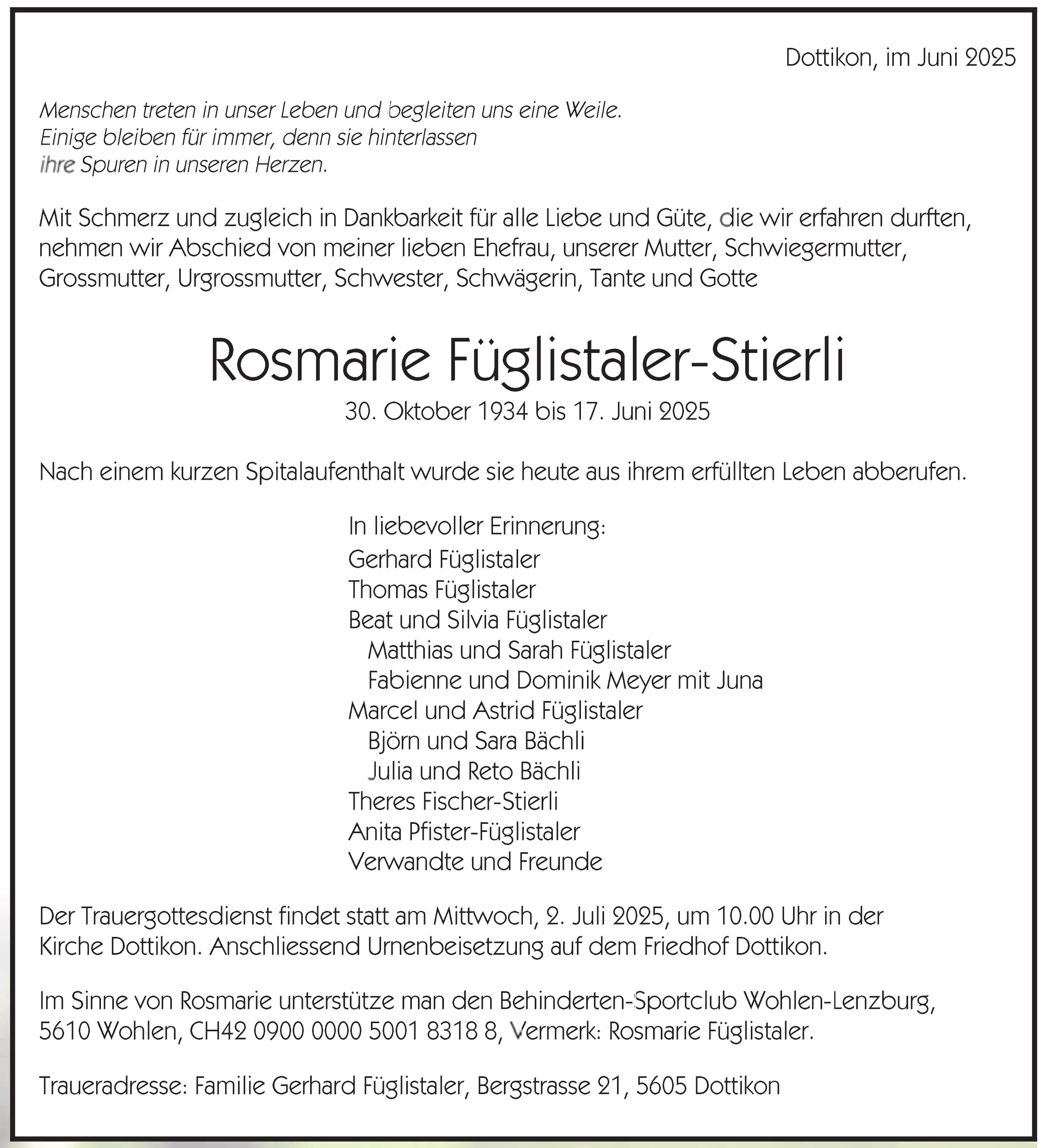 Rosmarie Füglistaler-Stierli, Juni 2025 / TA