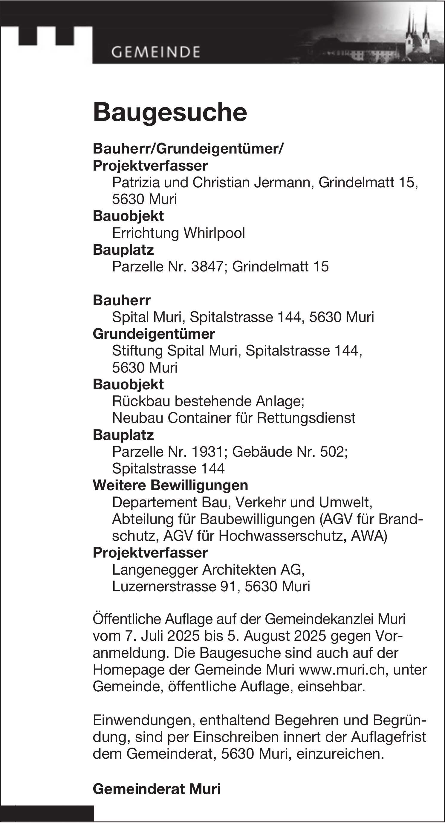 Baugesuche, Gemeinde Muri