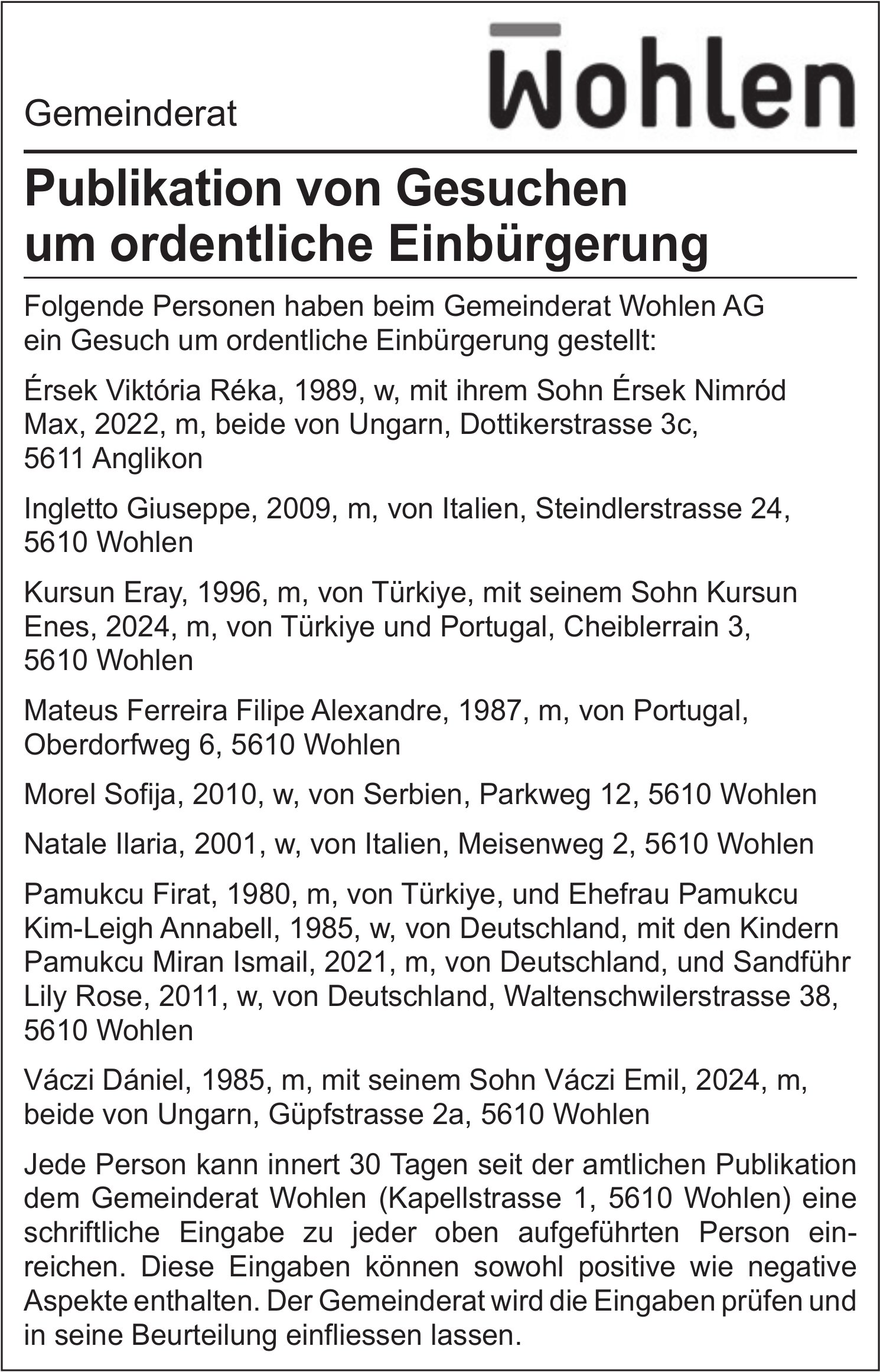 Gemeinderat Wohlen, Publikation von Gesuchen um ordentliche Einbürgerung