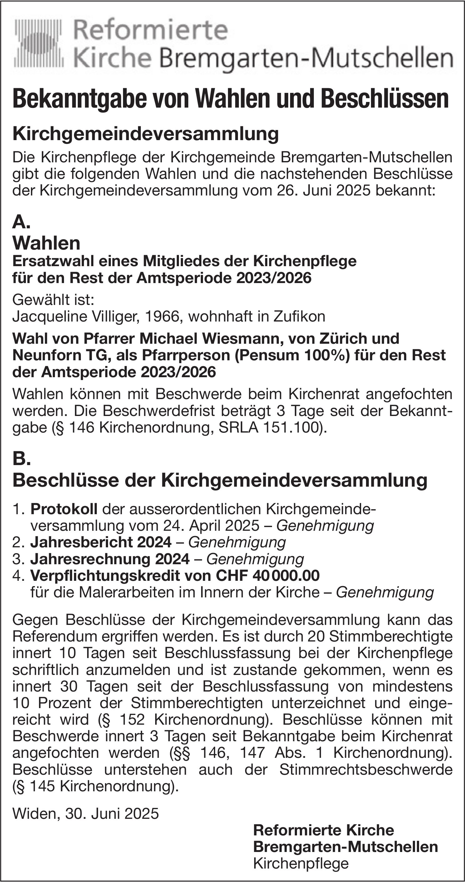 Reformierte Kirche Bremgarten-Mutschellen - Bekanntgabe von Wahlen und Beschlüssen