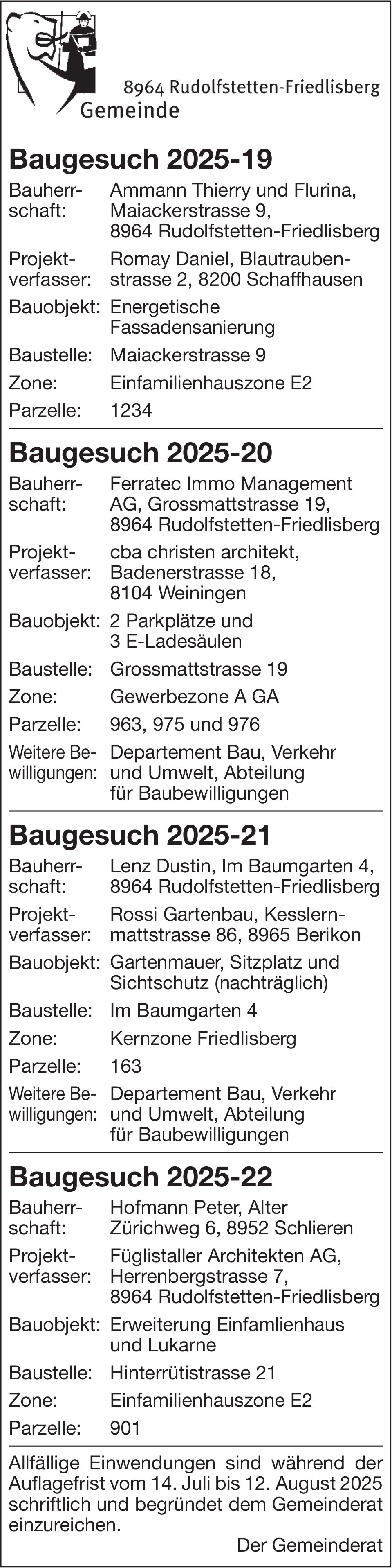 Baugesuche, Gemeinde Rudolfstetten-Friedlisberg, Baugesuch 2025-19 / -20 / -21 / -22