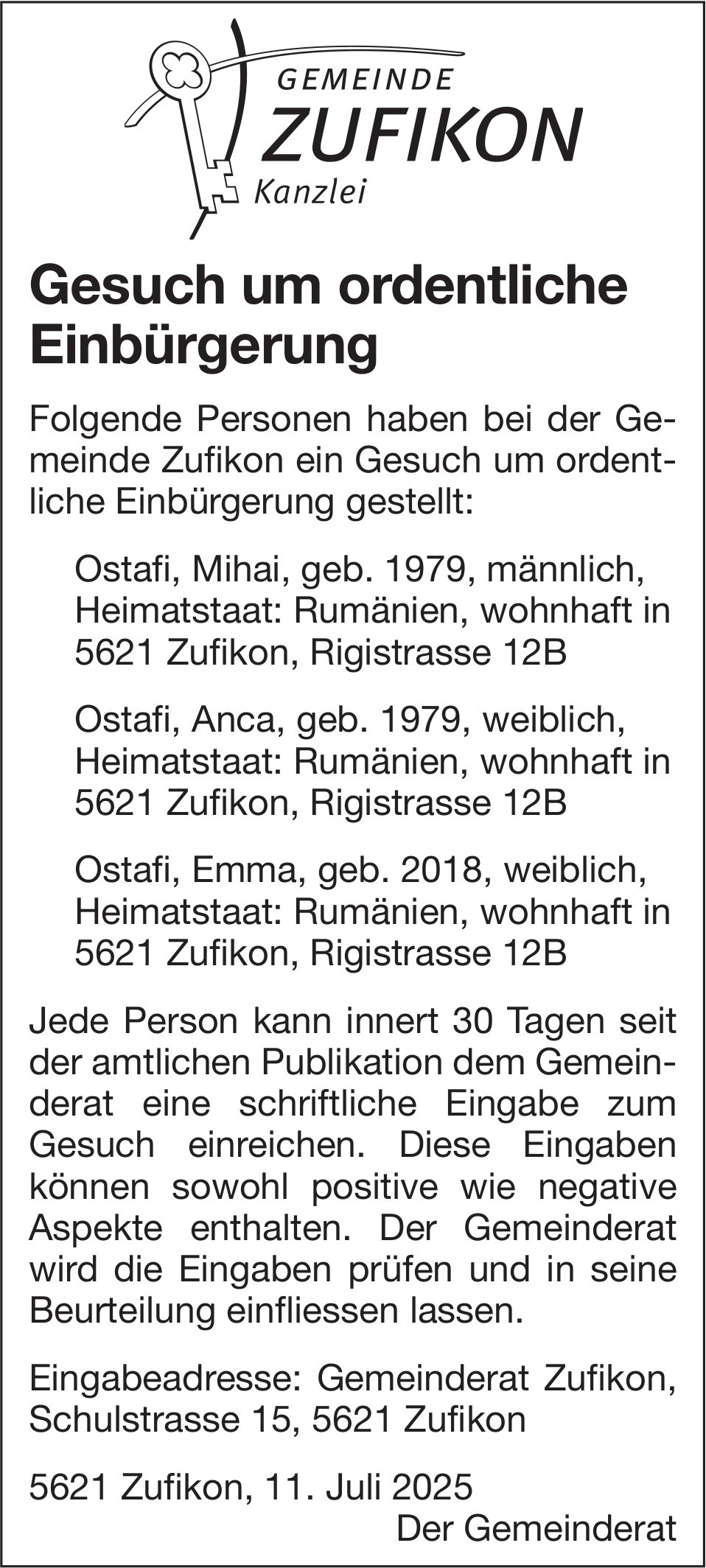 Gemeinde Zufikon - Gesuch um ordentliche Einbürgerung
