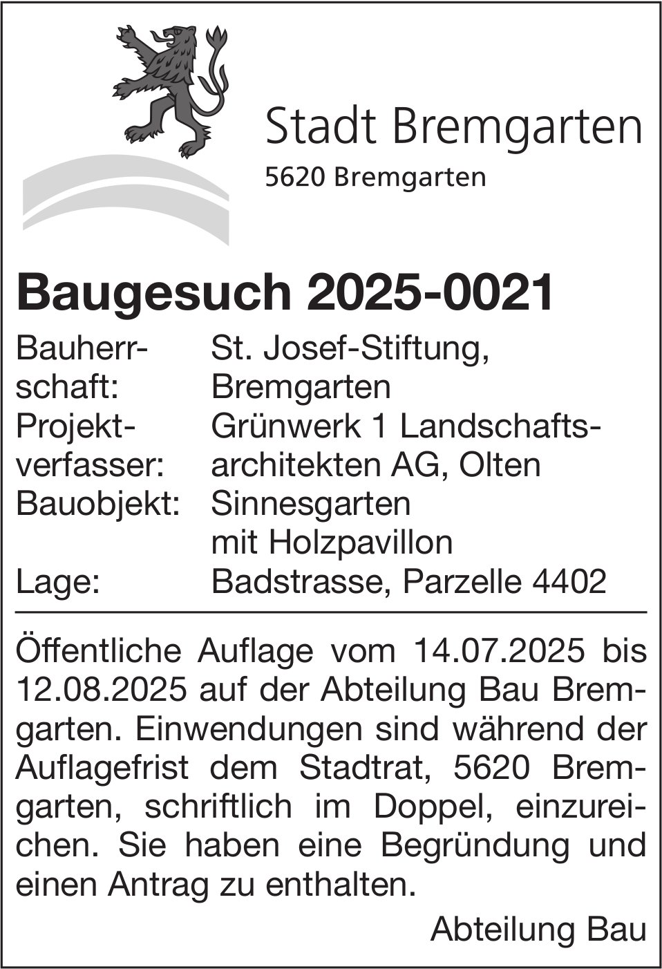 Baugesuche, Stadt Bremgarten, Baugesuch 2025-0021