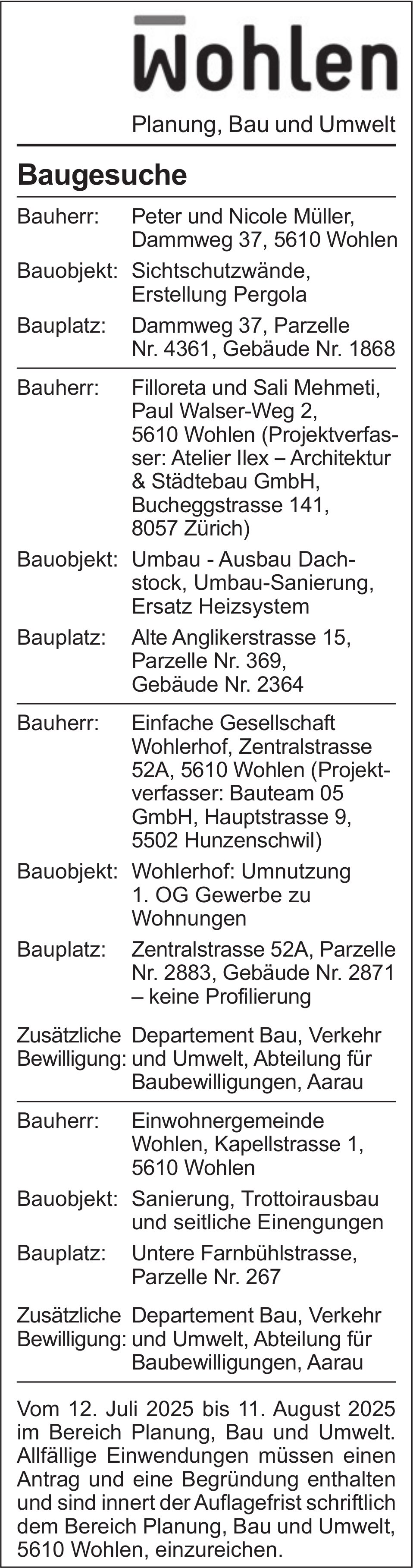 Wohlen, Baugesuche