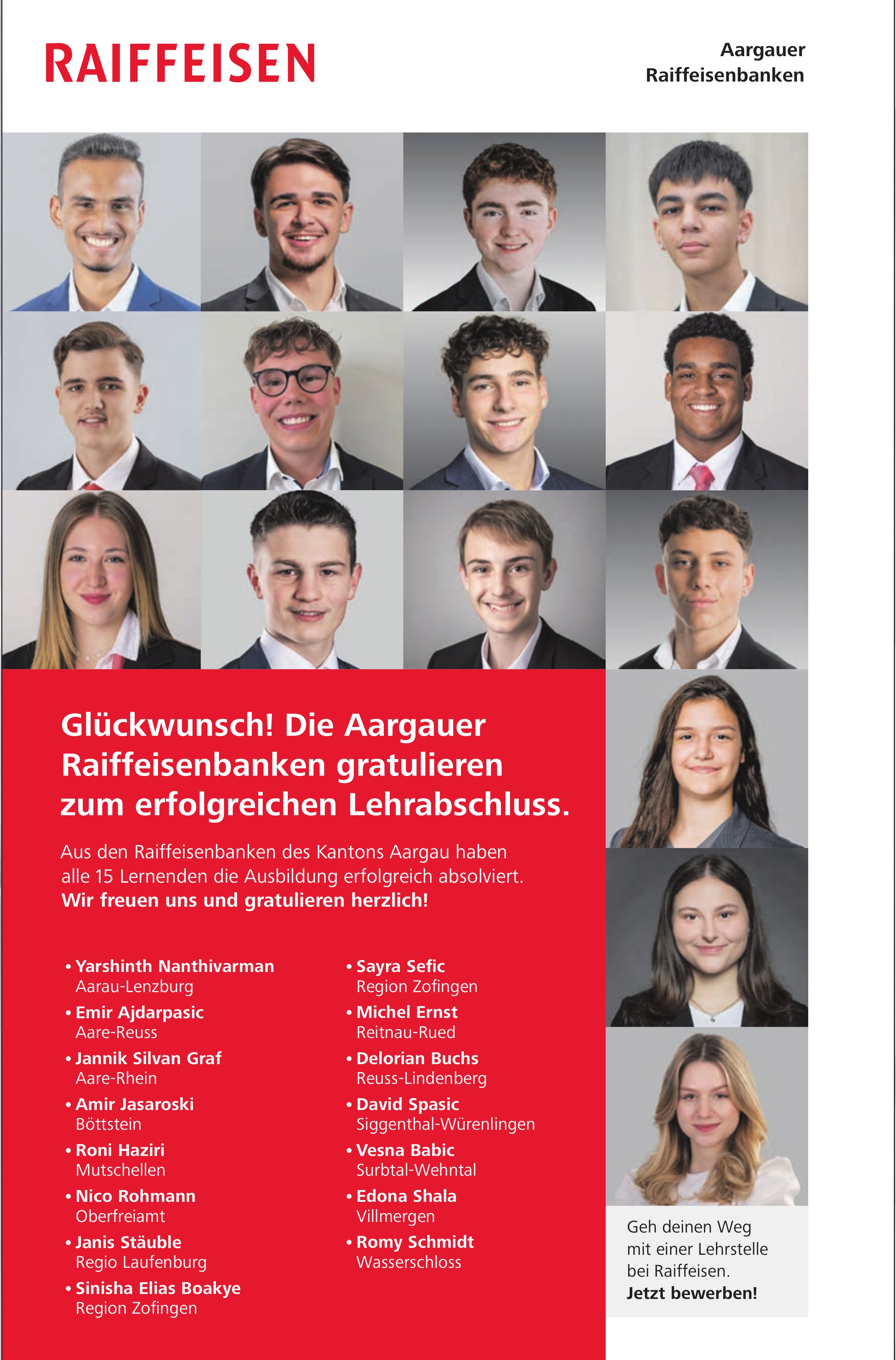 Glückwunsch! Die Aargauer Raiffeisenbanken gratulieren zum erfolgreichen Lehrabschluss