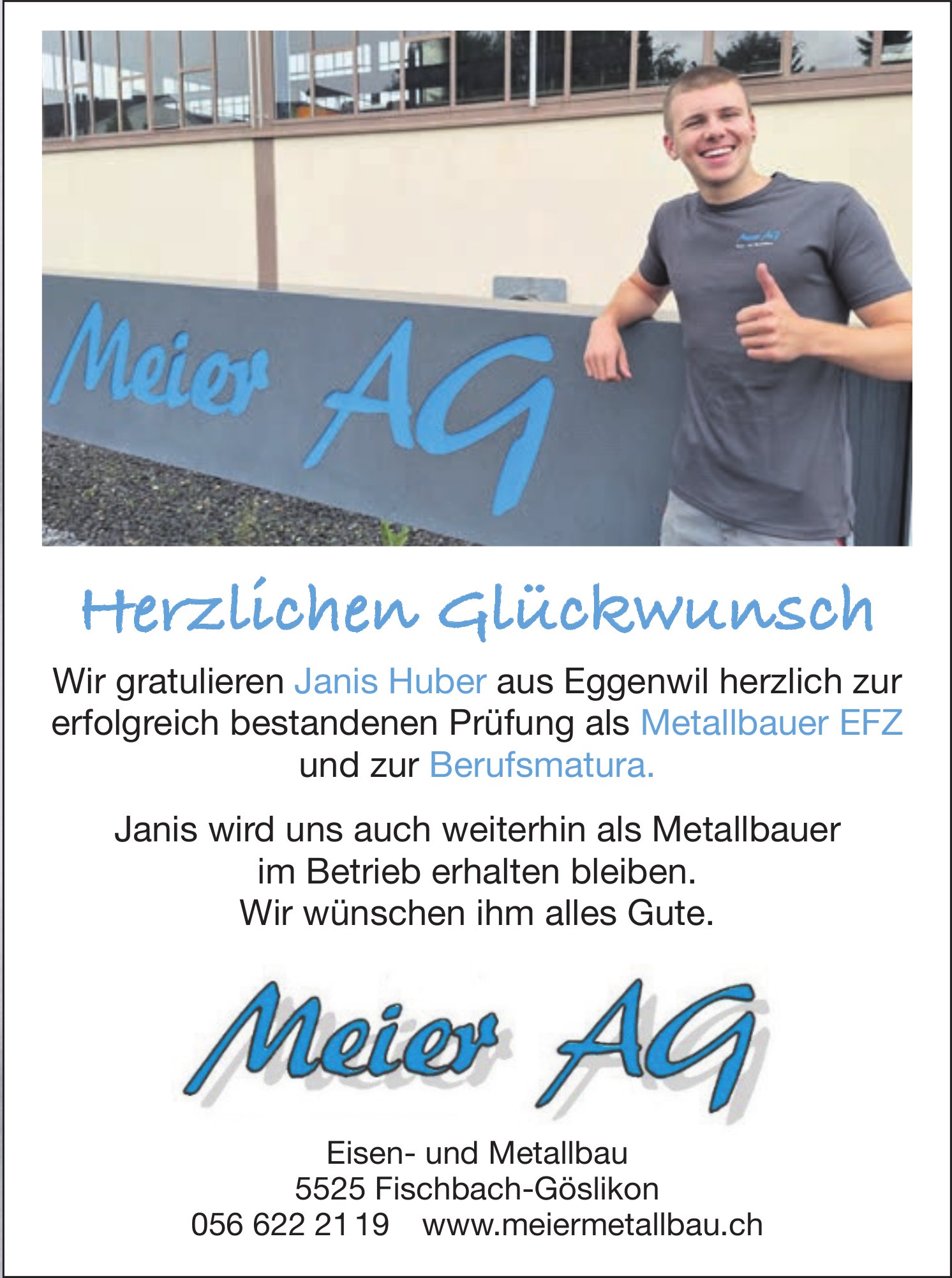 Meier AG Eisen- und Metallbau, Wir gratulieren Janis Huber
