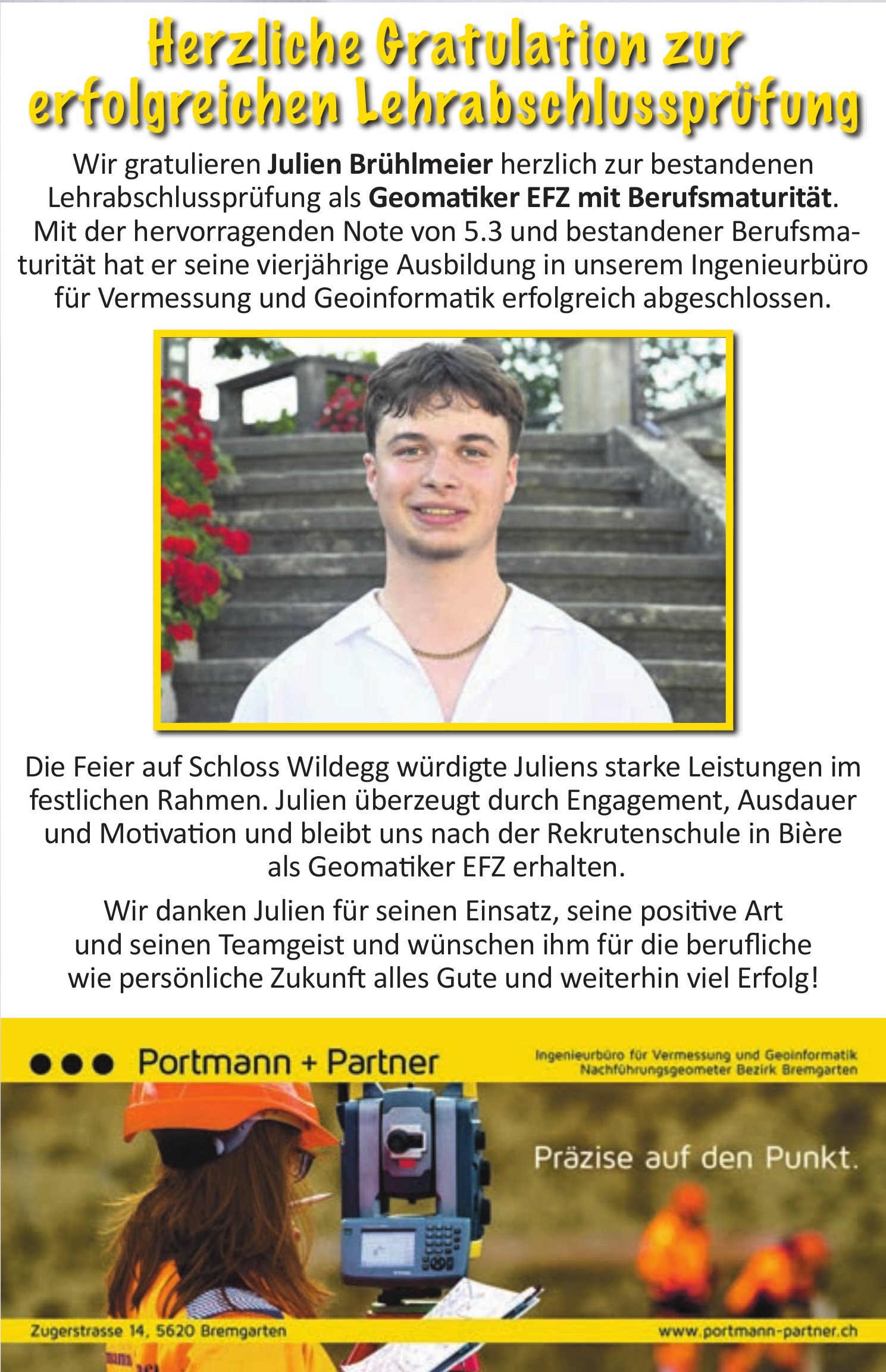 Portmann + Partner, Herzliche Gratulation zur erfolgreichen Lehrabschlussprüfung