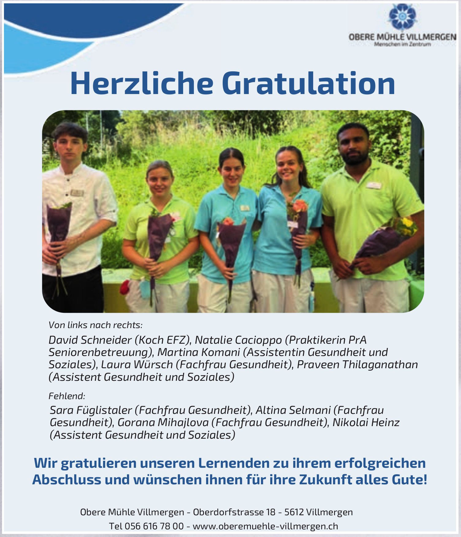 Obere Mühle Villmergen, Herzliche Gratulation
