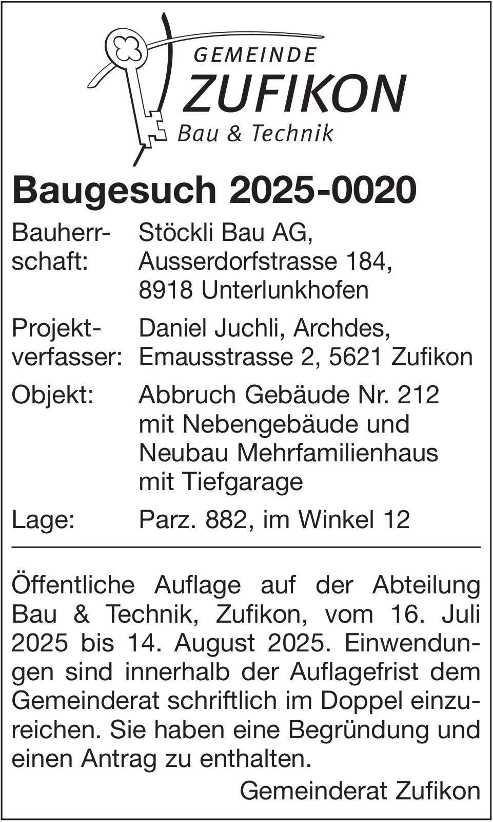 Baugesuche - Gemeinde Zufikon, Baugesuch 2025-0020