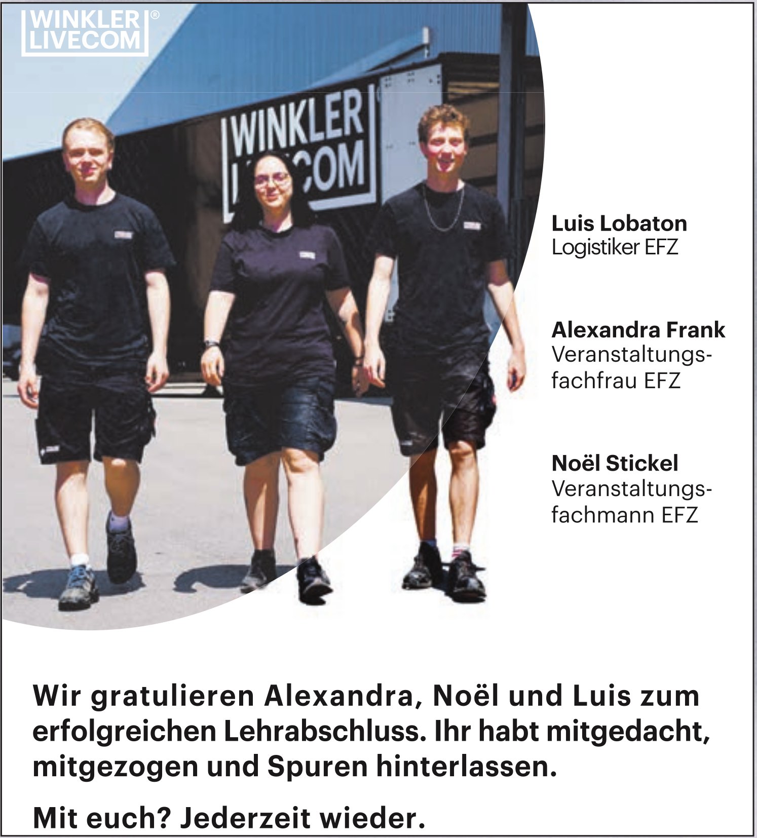Winkler Livecom, Wir gratulieren Alexandra, Noël und Luis zum erfolgreichen Lehrabschluss