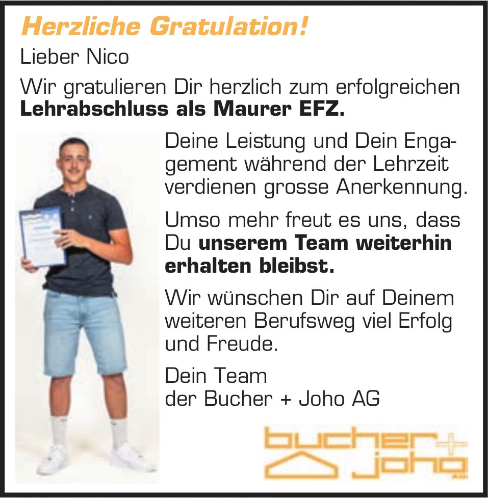 Bucher + Joho AG - Lieber Nico, herzliche Gratulation!